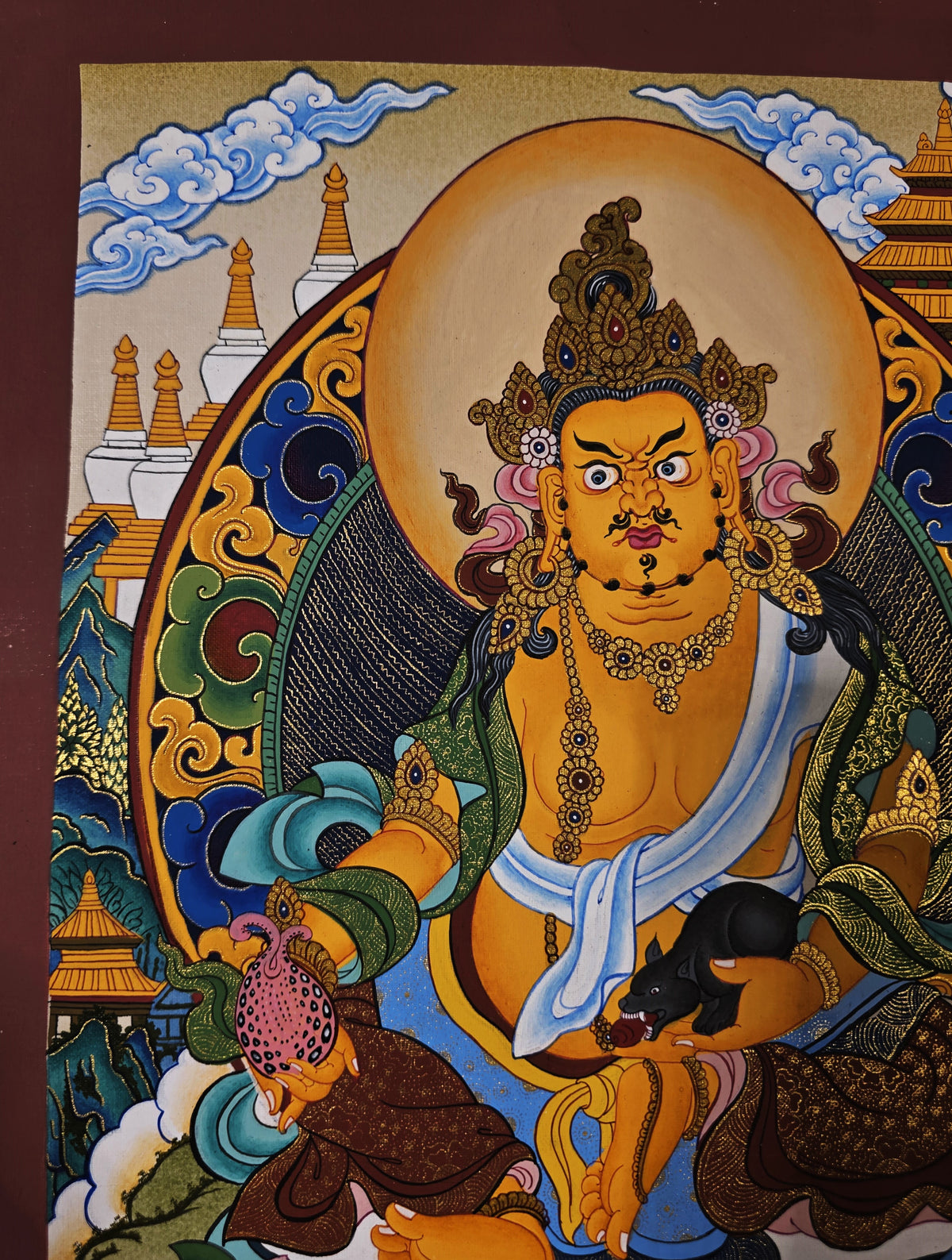 Jambhala Thangka – Hand-Painted Tibetan Buddhist Art | Wealth, Prosperity &amp; Protection Wall Decor