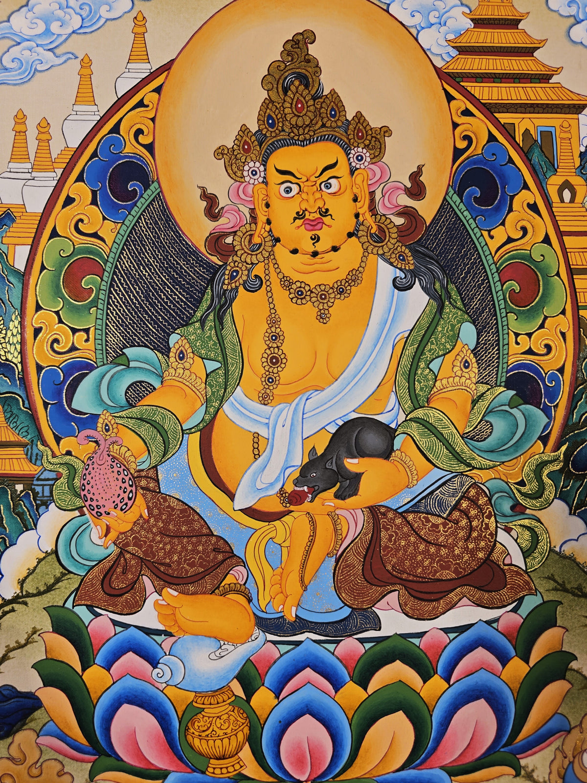 Jambhala Thangka – Hand-Painted Tibetan Buddhist Art | Wealth, Prosperity &amp; Protection Wall Decor