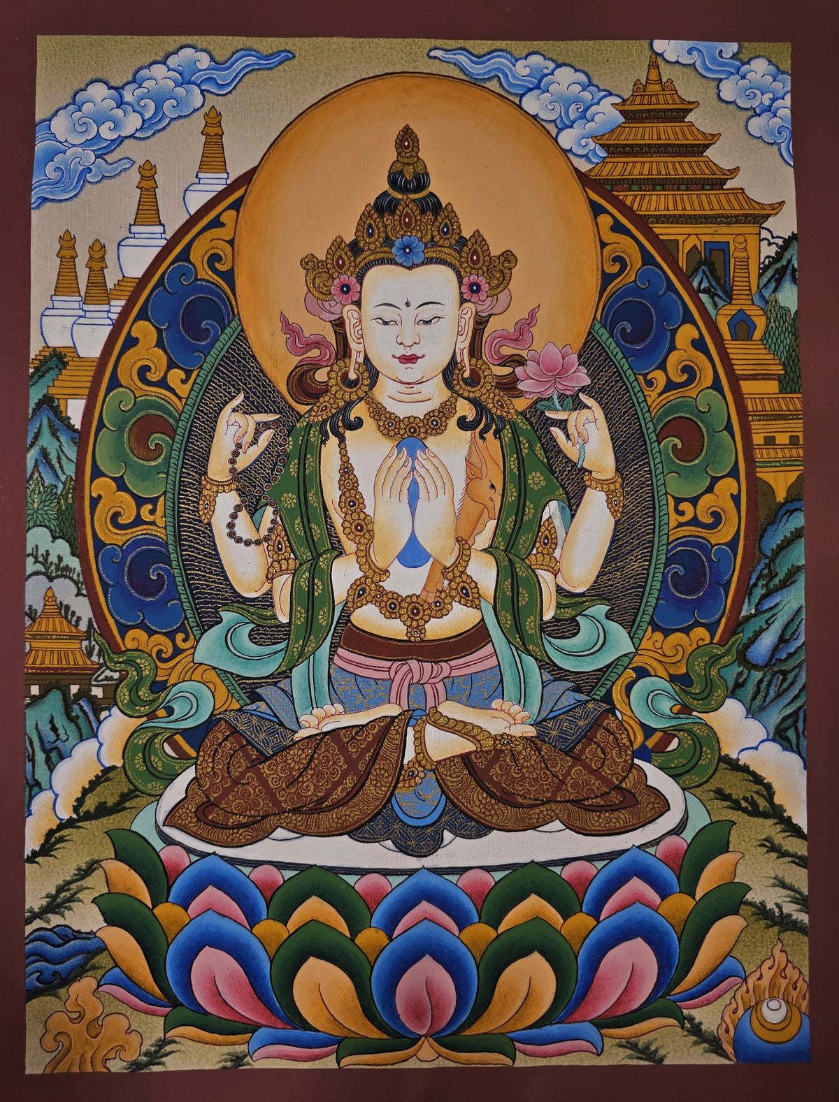 Chenrezig Thangka – Hand-Painted Tibetan Buddhist Art | Meditation & Protection Wall Decor