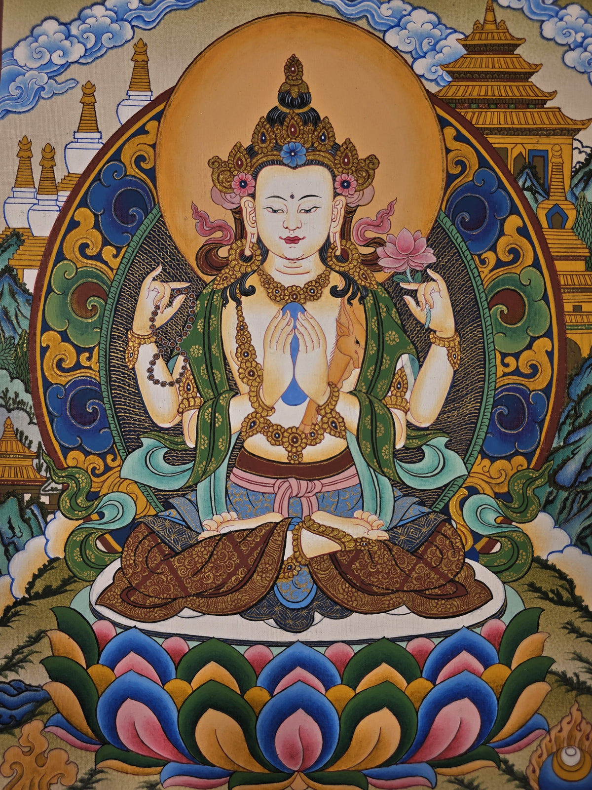Chenrezig Thangka – Hand-Painted Tibetan Buddhist Art | Meditation & Protection Wall Decor