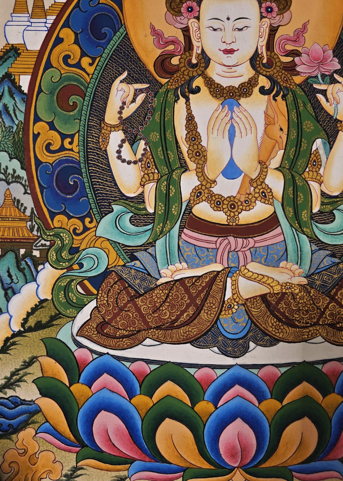 Chenrezig Thangka – Hand-Painted Tibetan Buddhist Art | Meditation & Protection Wall Decor