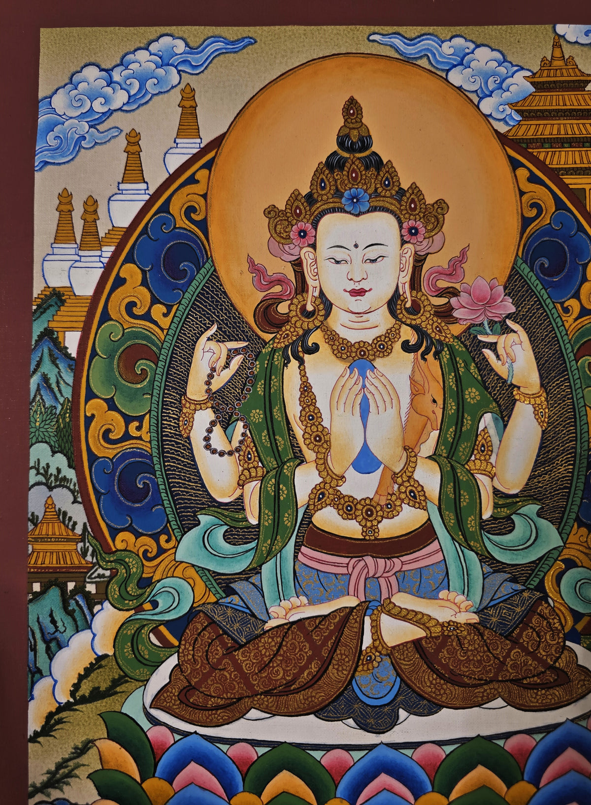 Chenrezig Thangka – Hand-Painted Tibetan Buddhist Art | Meditation & Protection Wall Decor