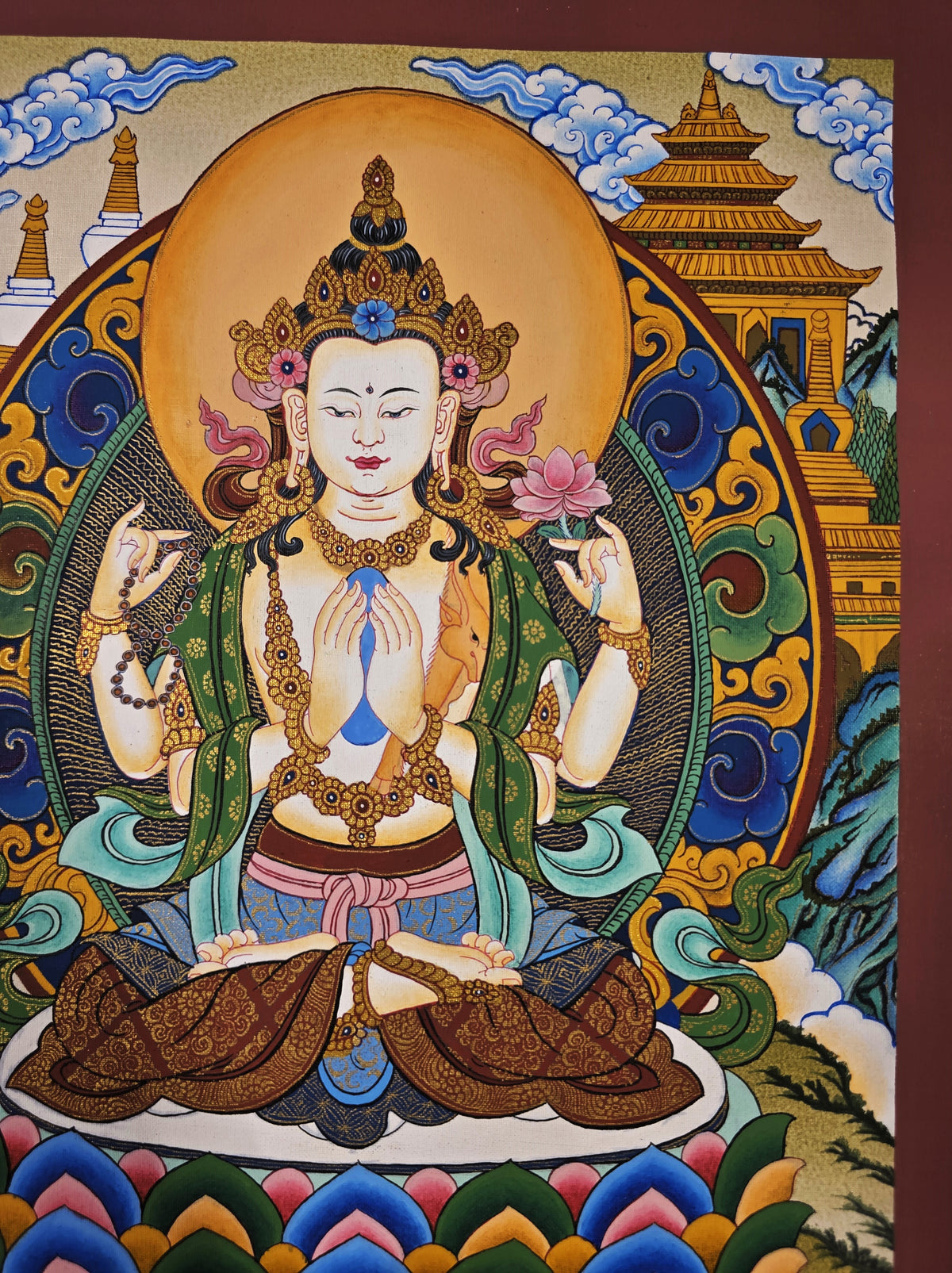 Chenrezig Thangka – Hand-Painted Tibetan Buddhist Art | Meditation & Protection Wall Decor