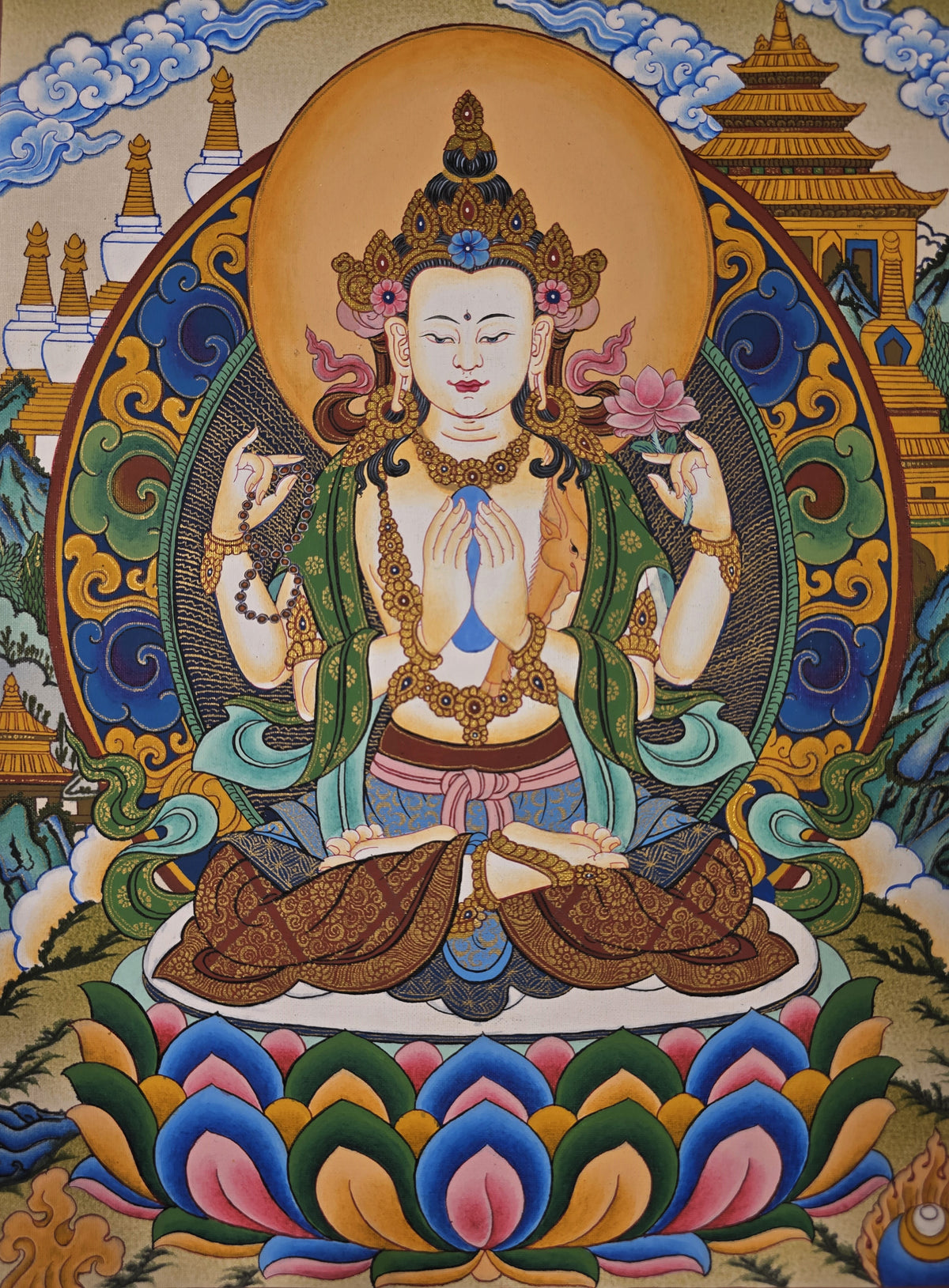 Chenrezig Thangka – Hand-Painted Tibetan Buddhist Art | Meditation & Protection Wall Decor