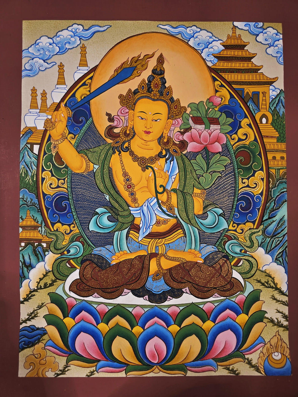 Manjushri Thangka – Hand-Painted Tibetan Buddhist Art | Meditation & Protection Wall Decor