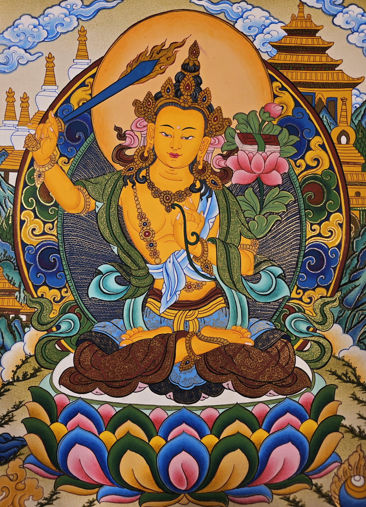 Manjushri Thangka – Hand-Painted Tibetan Buddhist Art | Meditation & Protection Wall Decor