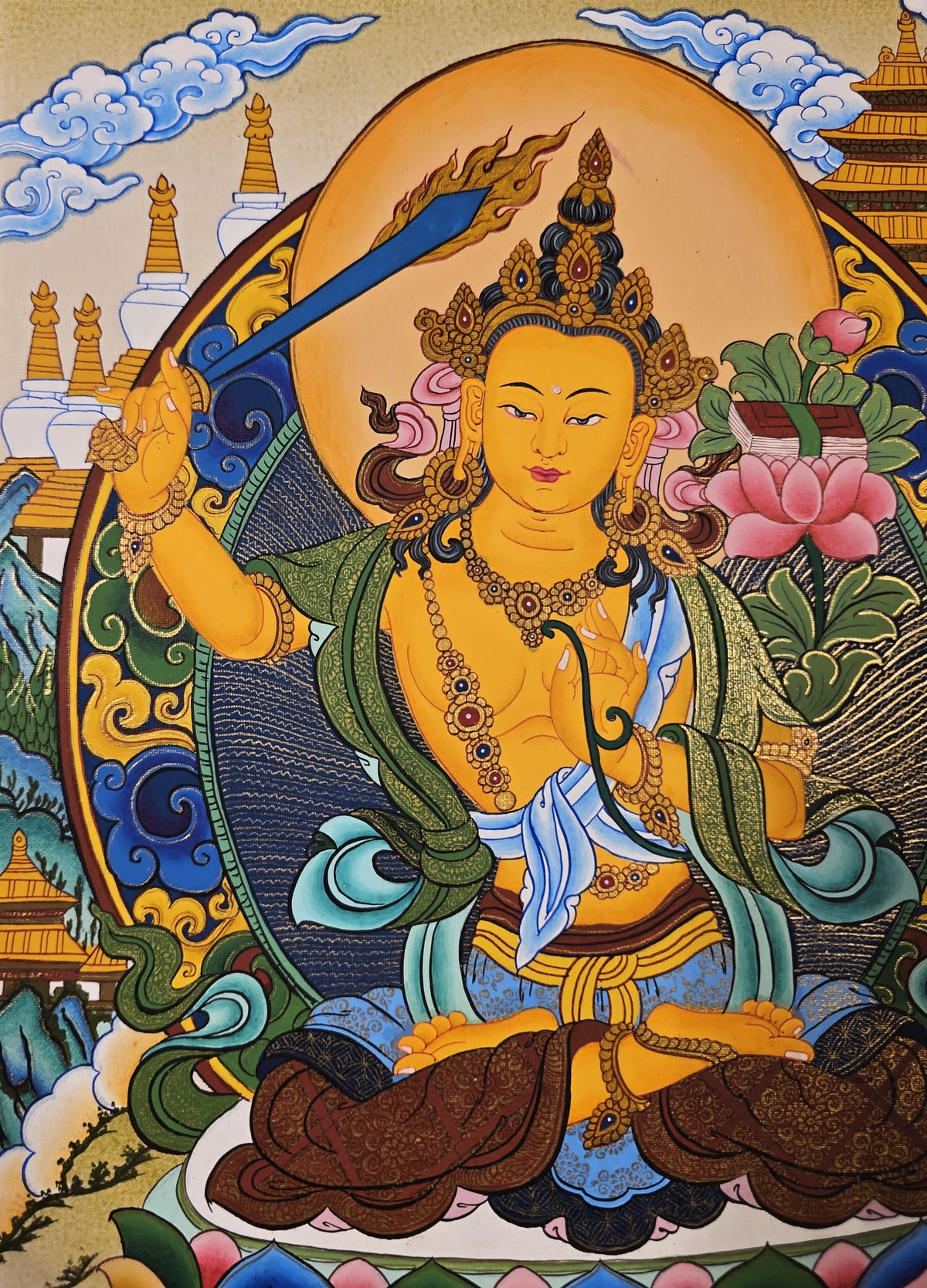 Manjushri Thangka – Hand-Painted Tibetan Buddhist Art | Meditation & Protection Wall Decor