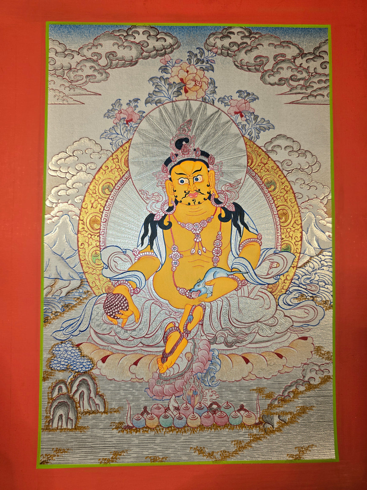 Jambhala Thangka – Hand-Painted Tibetan Buddhist Art | Wealth, Prosperity &amp; Protection Wall Decor