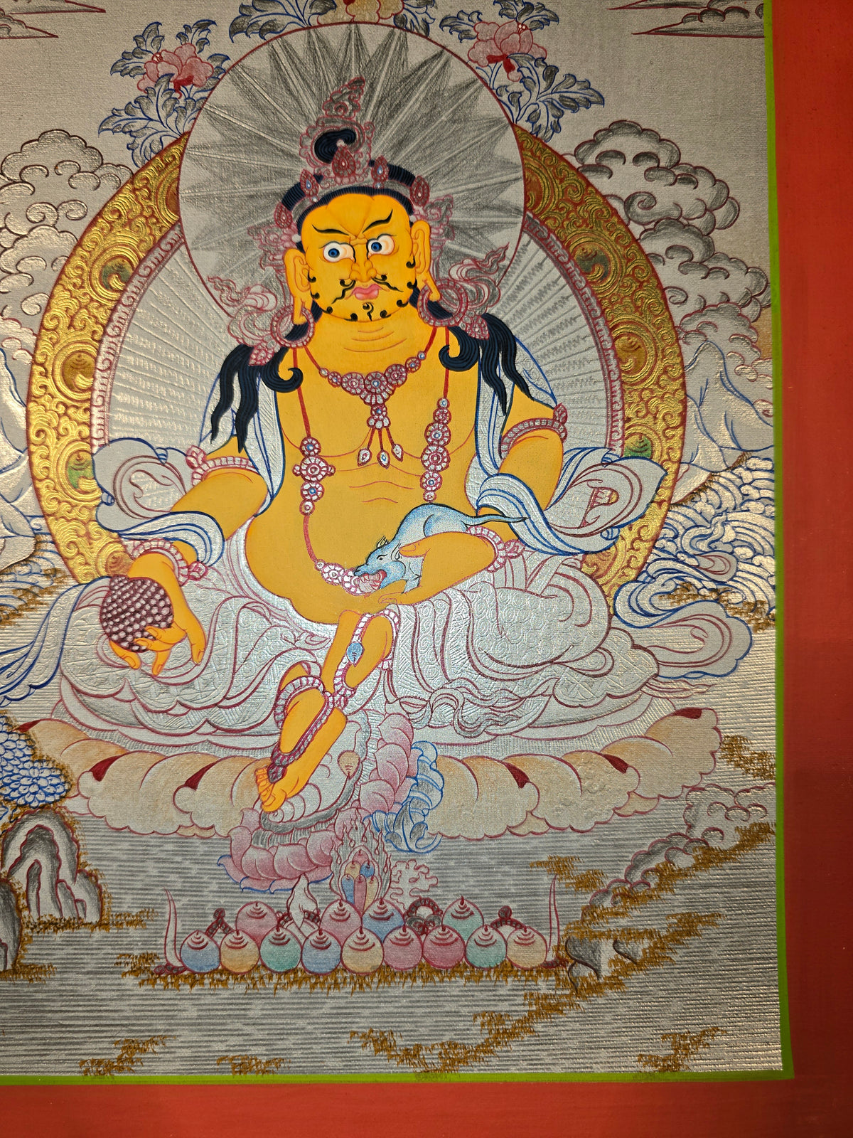 Jambhala Thangka – Hand-Painted Tibetan Buddhist Art | Wealth, Prosperity &amp; Protection Wall Decor