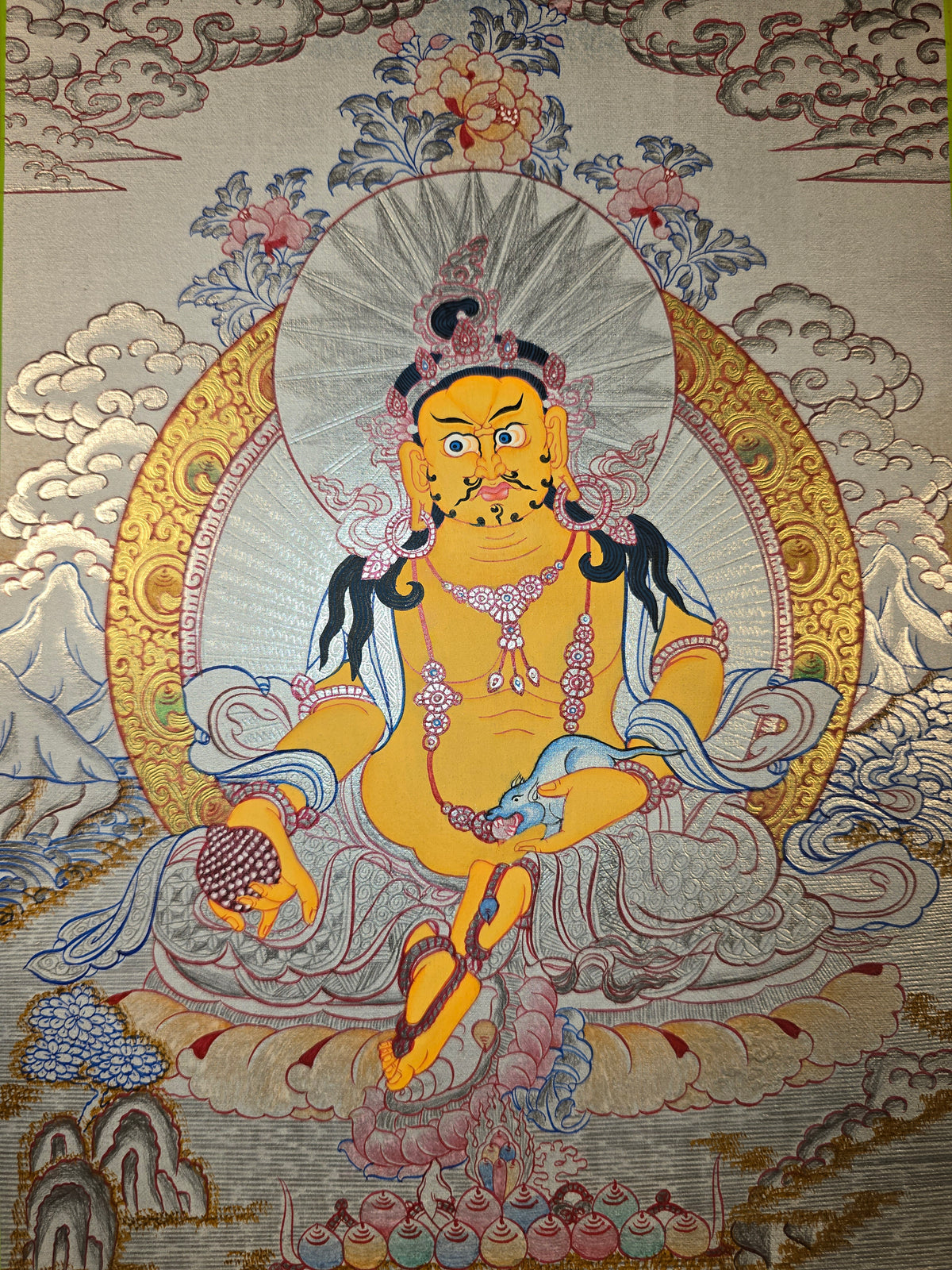 Jambhala Thangka – Hand-Painted Tibetan Buddhist Art | Wealth, Prosperity &amp; Protection Wall Decor