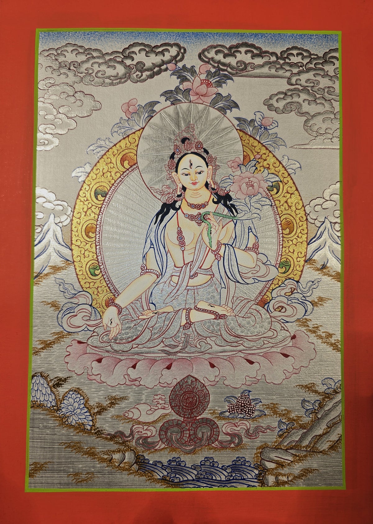 White Tara Thangka – Hand-Painted Tibetan Buddhist Art | Compassion, Longevity & Peace Wall Decor
