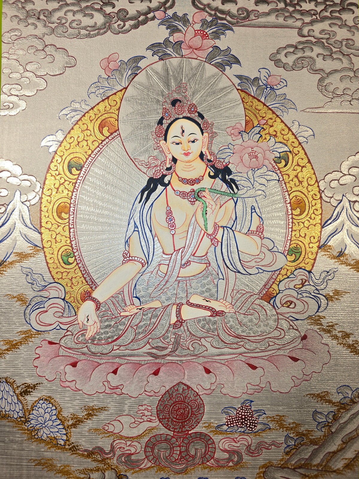 White Tara Thangka – Hand-Painted Tibetan Buddhist Art | Compassion, Longevity & Peace Wall Decor