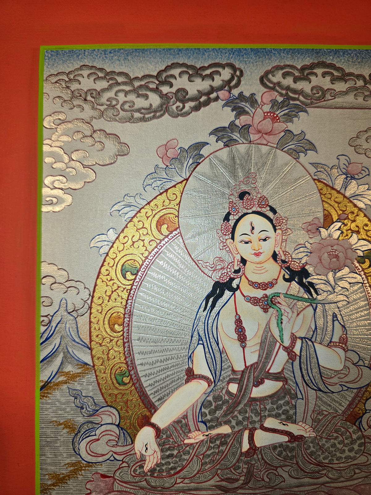 White Tara Thangka – Hand-Painted Tibetan Buddhist Art | Compassion, Longevity & Peace Wall Decor