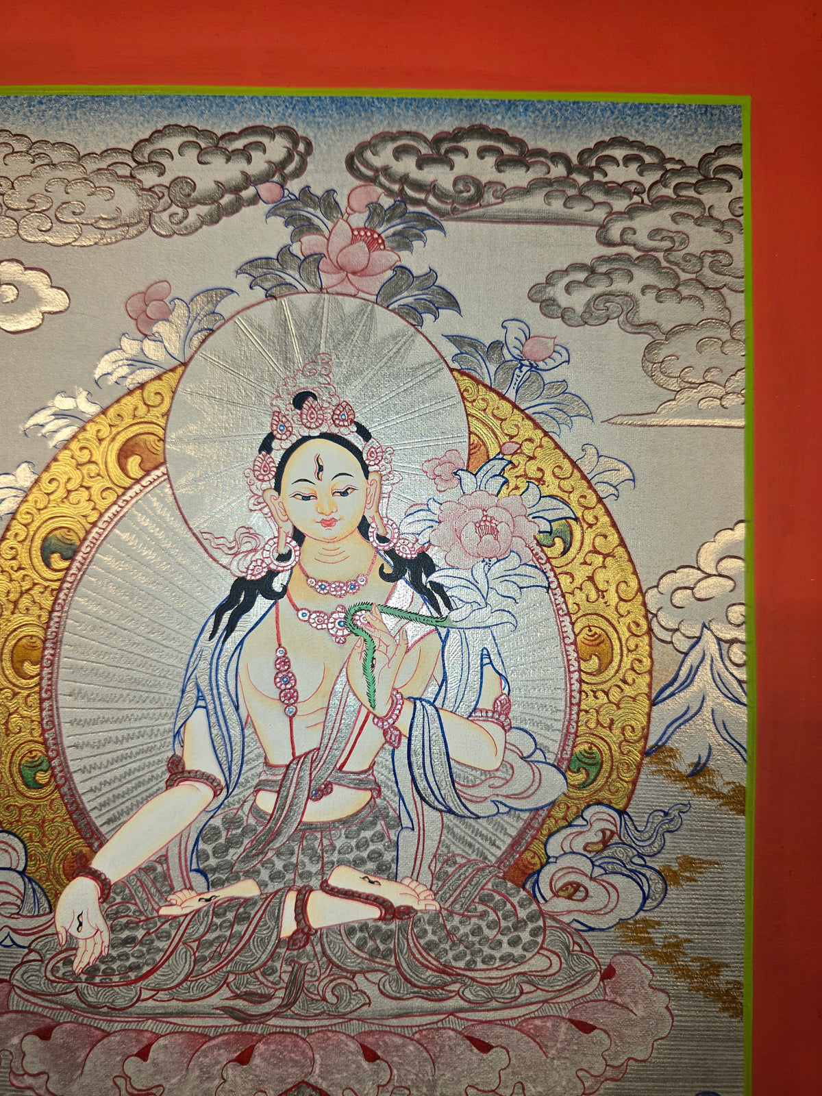 White Tara Thangka – Hand-Painted Tibetan Buddhist Art | Compassion, Longevity & Peace Wall Decor