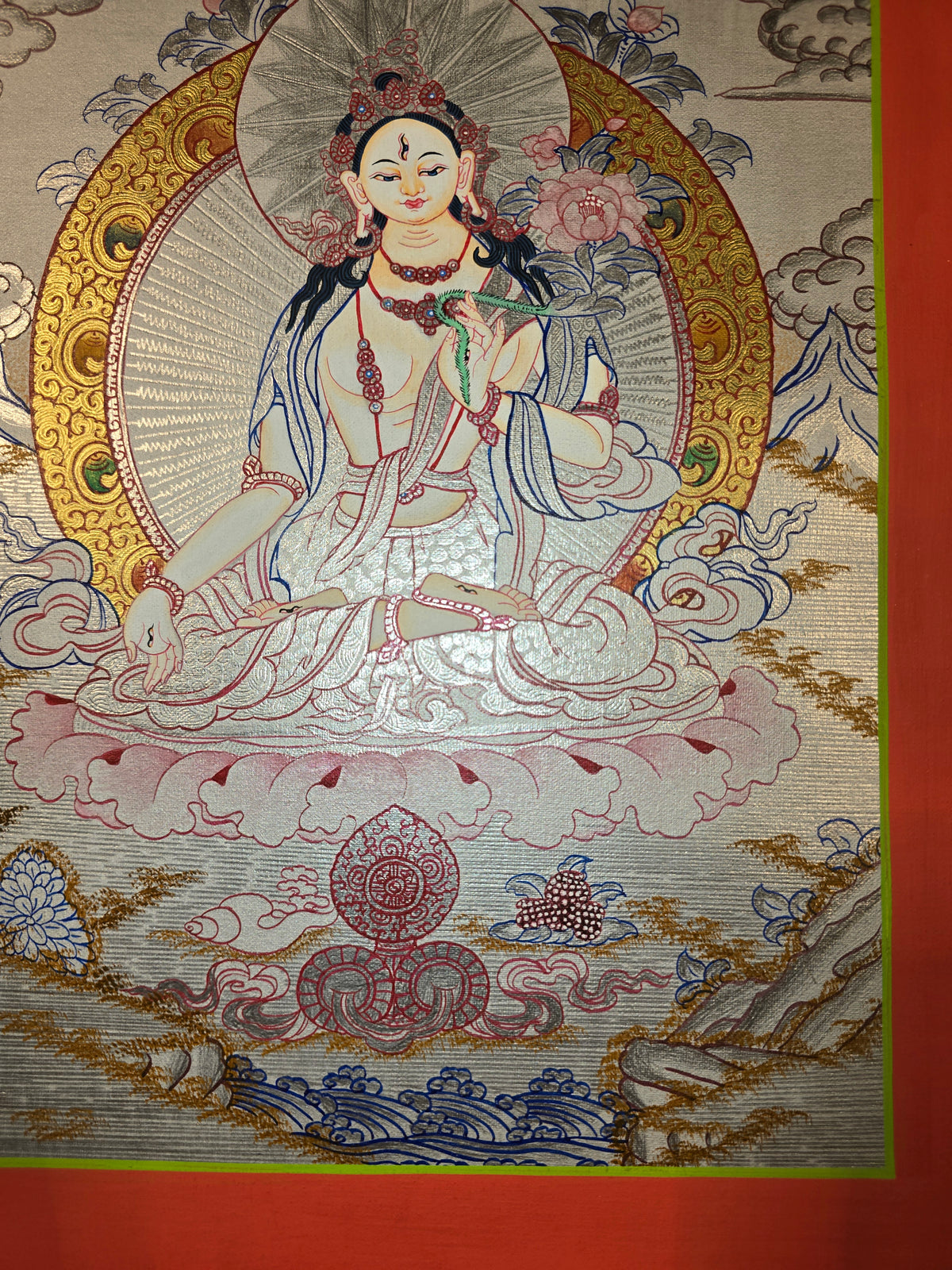 White Tara Thangka – Hand-Painted Tibetan Buddhist Art | Compassion, Longevity & Peace Wall Decor