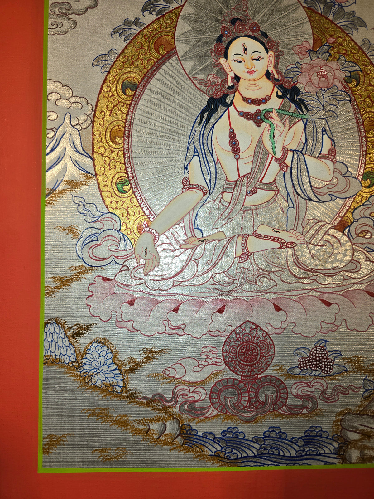 White Tara Thangka – Hand-Painted Tibetan Buddhist Art | Compassion, Longevity & Peace Wall Decor