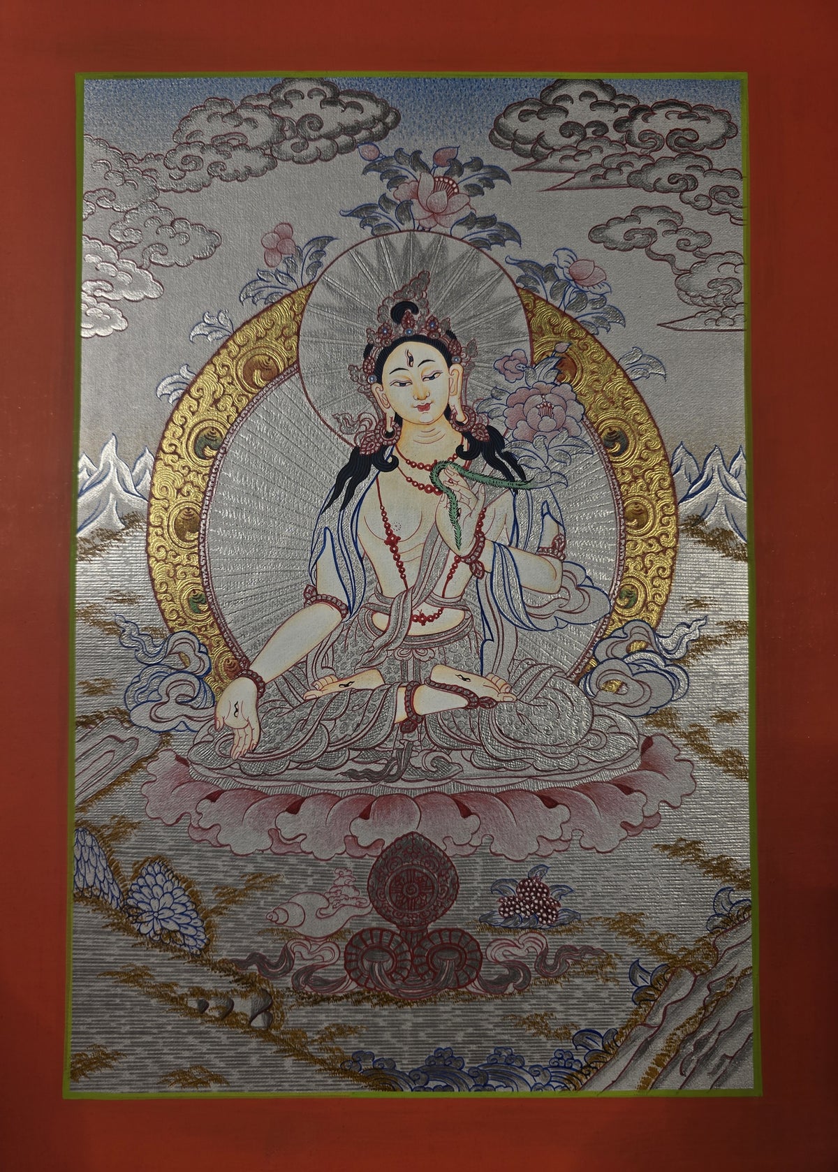 White Tara Thangka – Hand-Painted Tibetan Buddhist Art | Compassion, Longevity & Peace Wall Decor