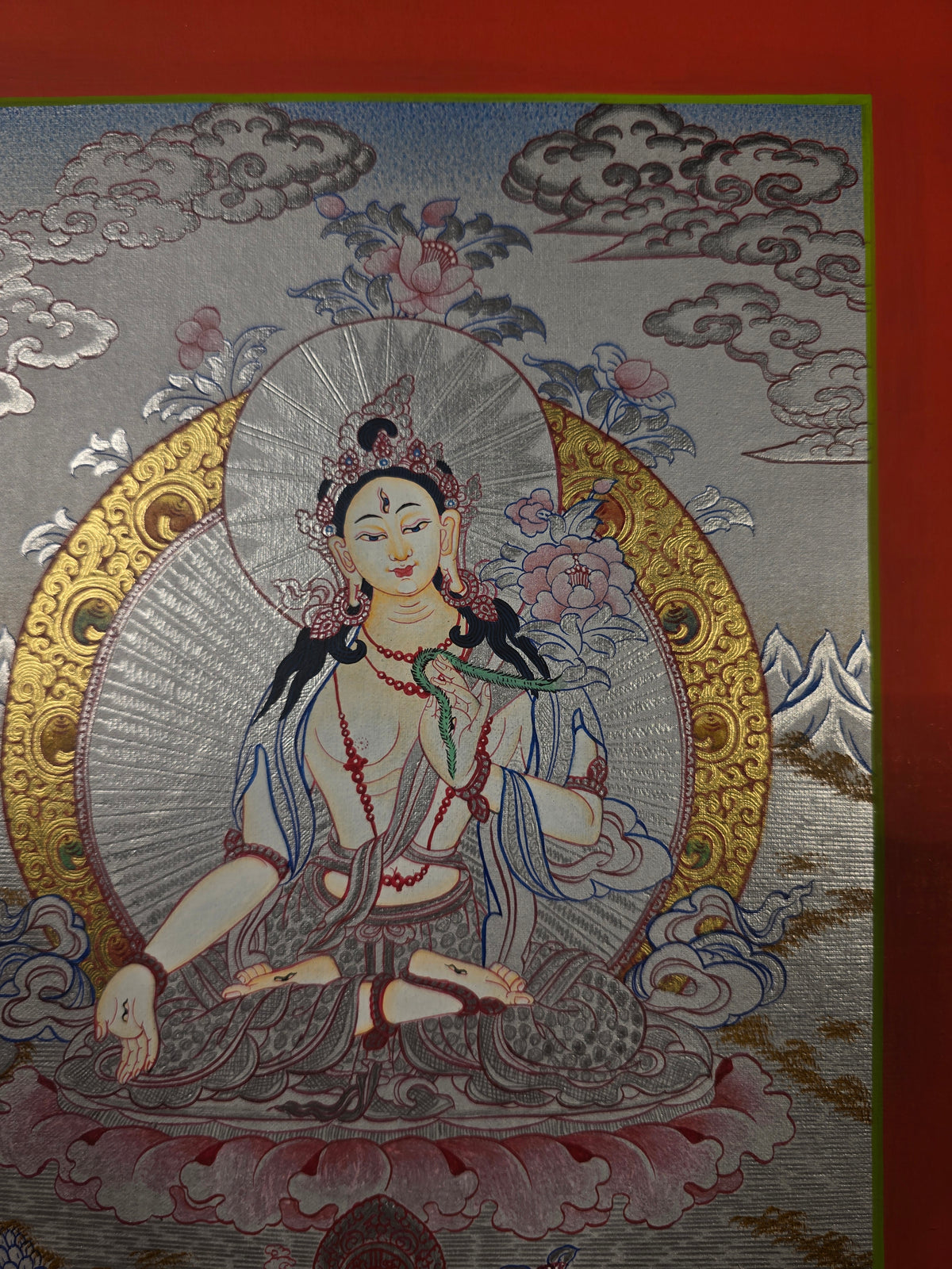 White Tara Thangka – Hand-Painted Tibetan Buddhist Art | Compassion, Longevity & Peace Wall Decor