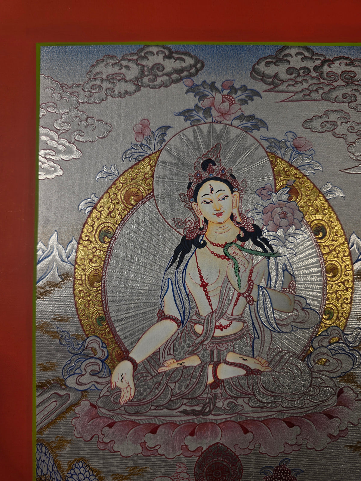 White Tara Thangka – Hand-Painted Tibetan Buddhist Art | Compassion, Longevity & Peace Wall Decor