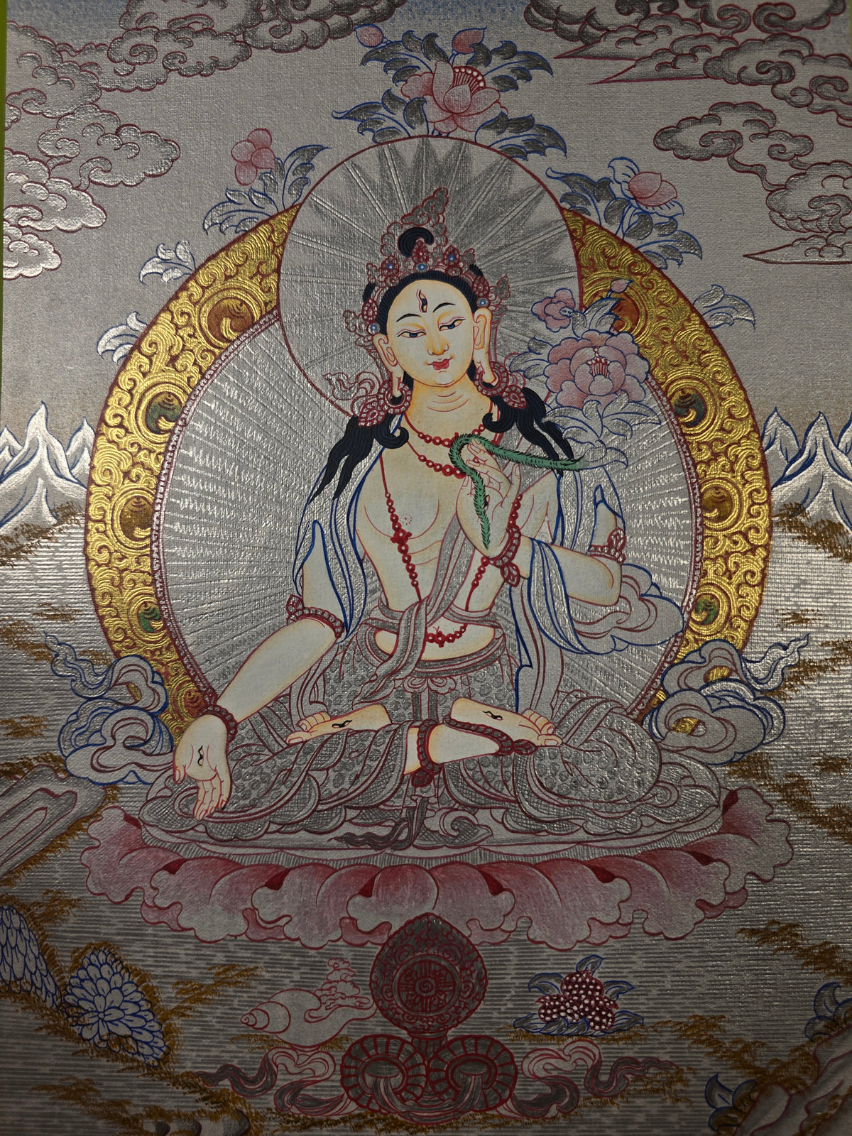 White Tara Thangka – Hand-Painted Tibetan Buddhist Art | Compassion, Longevity & Peace Wall Decor