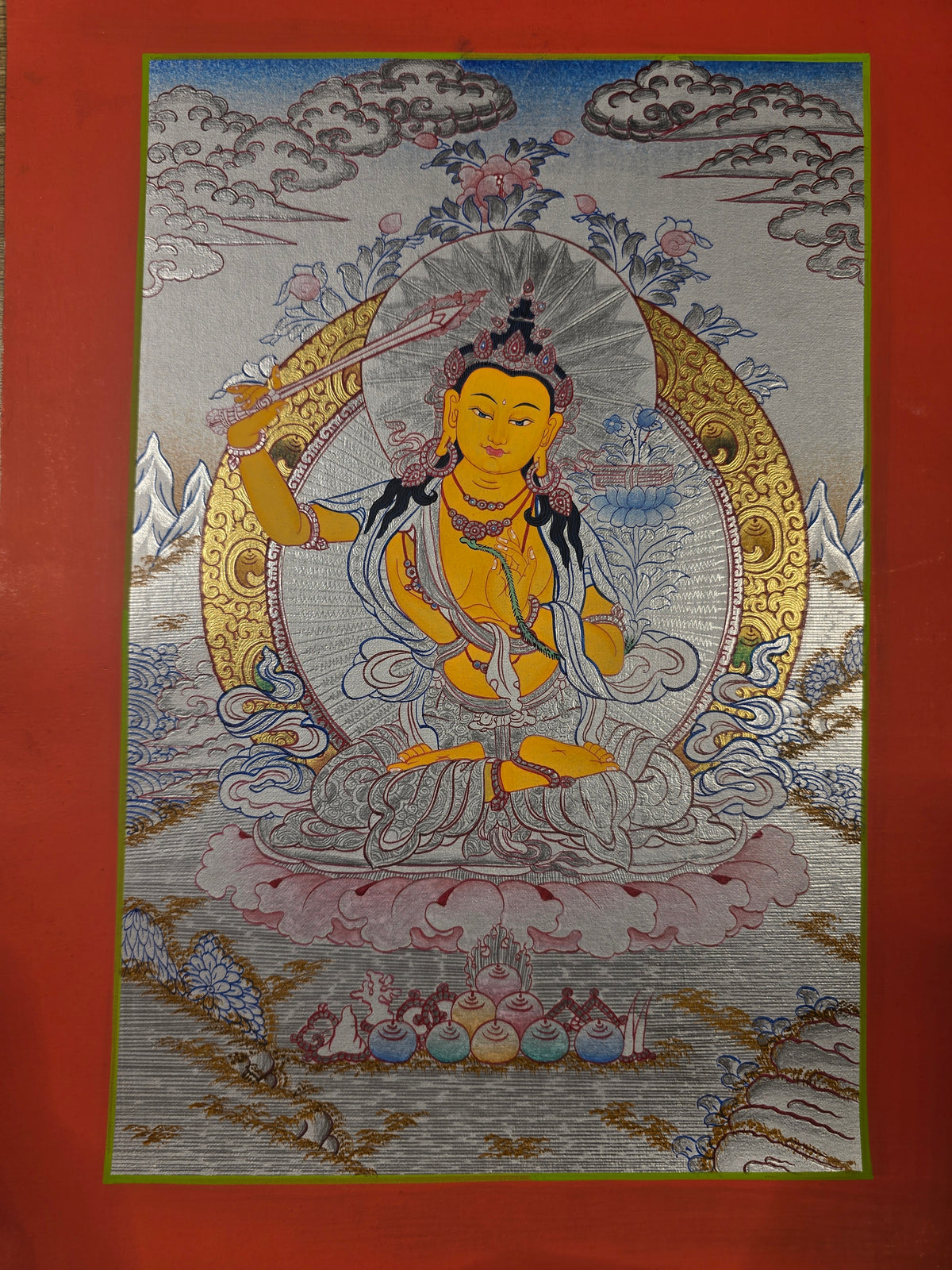 Manjushri Thangka – Hand-Painted Tibetan Buddhist Art | Meditation & Protection Wall Decor