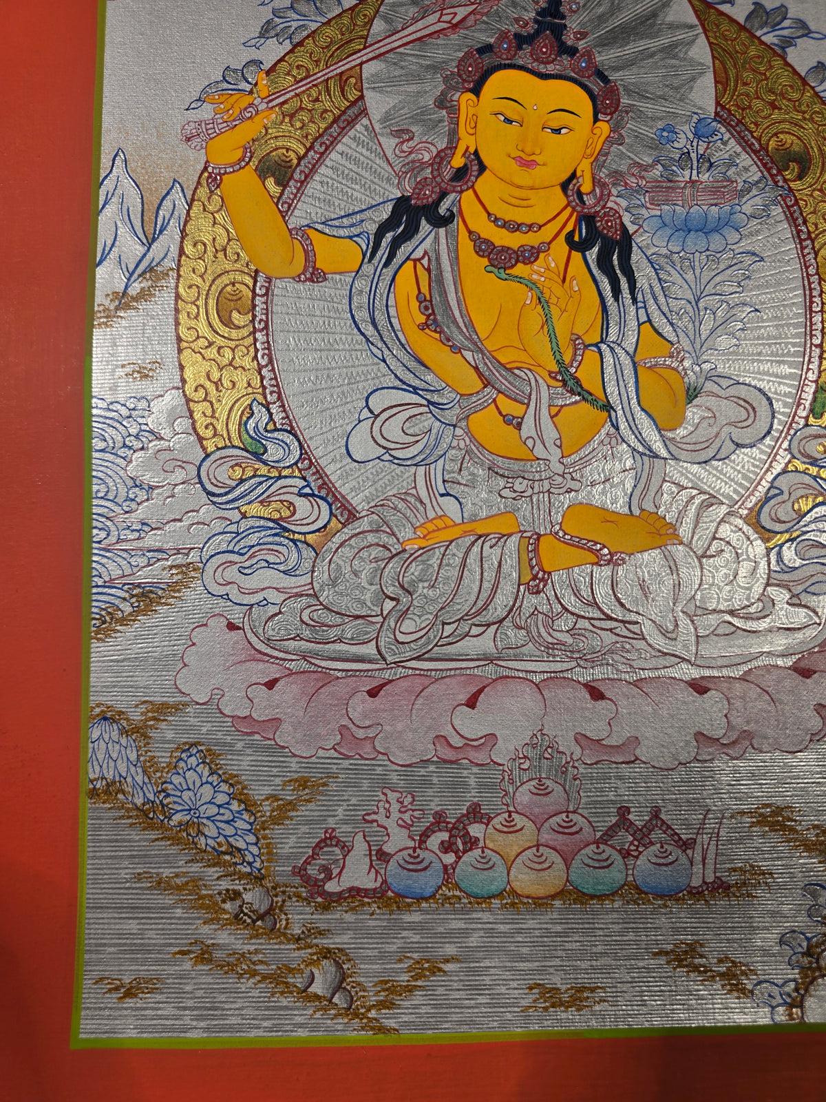 Manjushri Thangka – Hand-Painted Tibetan Buddhist Art | Meditation & Protection Wall Decor