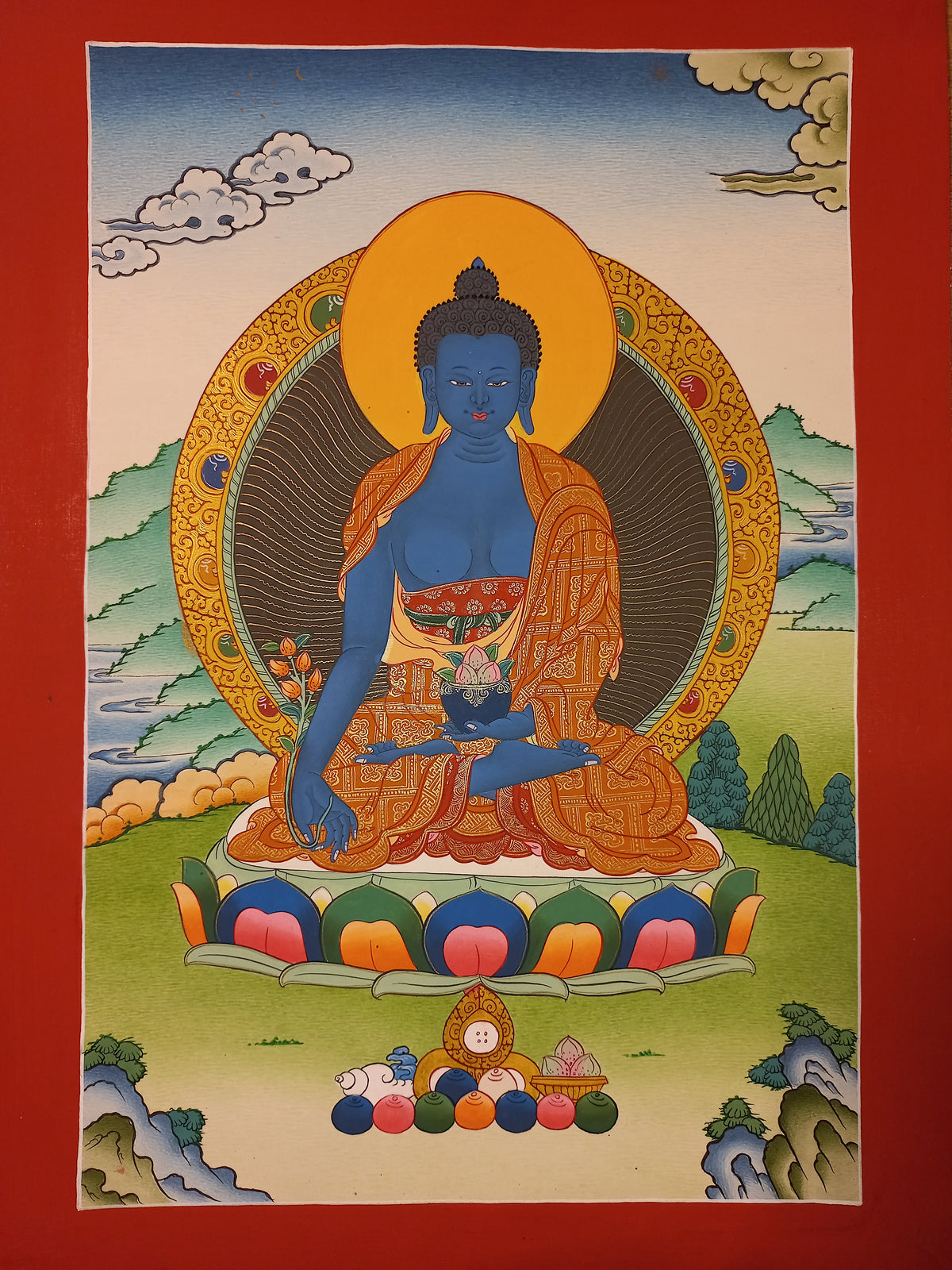 Medicine Buddha Thangka – Hand-Painted Tibetan Buddhist Art | Healing, Compassion & Meditation Wall Decor