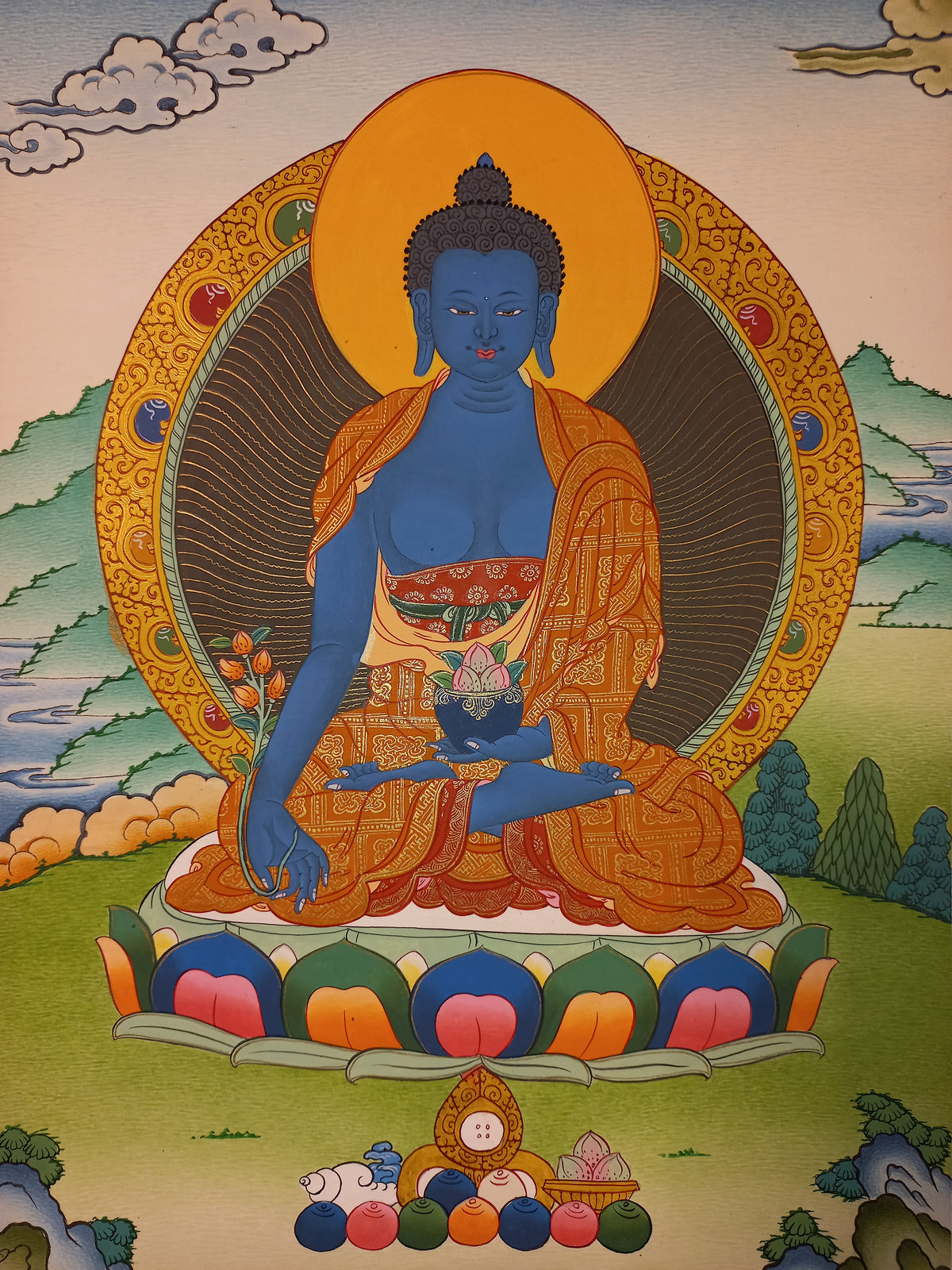 Medicine Buddha Thangka – Hand-Painted Tibetan Buddhist Art | Healing, Compassion & Meditation Wall Decor