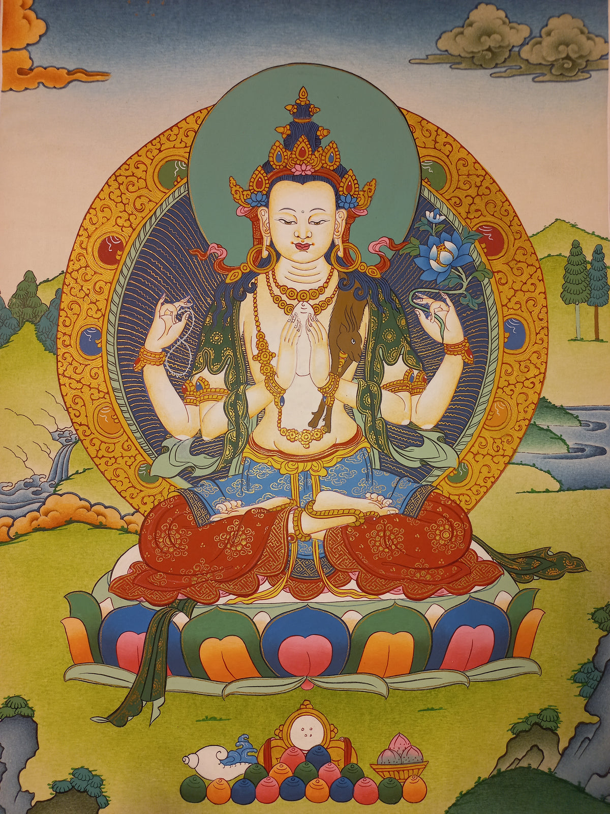 Chenrezig Thangka – Hand-Painted Tibetan Buddhist Art | Meditation & Protection Wall Decor