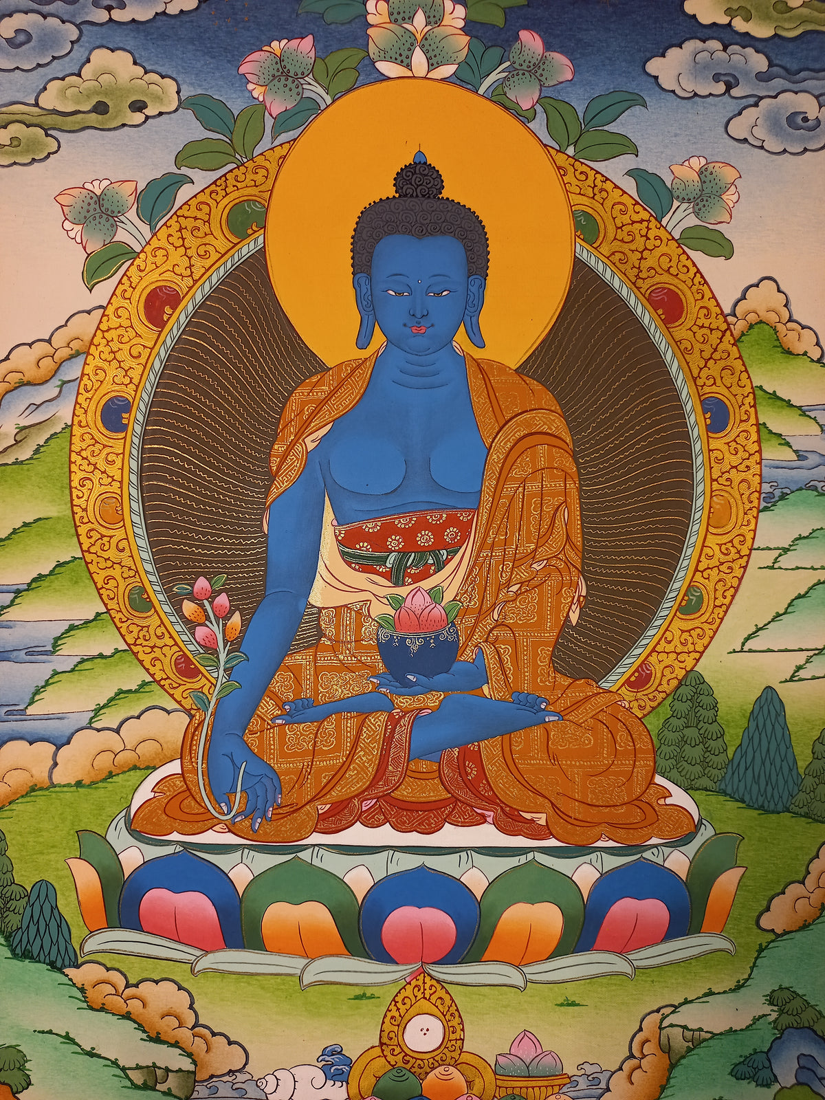 Medicine Buddha Thangka – Hand-Painted Tibetan Buddhist Art | Healing, Compassion & Meditation Wall Decor