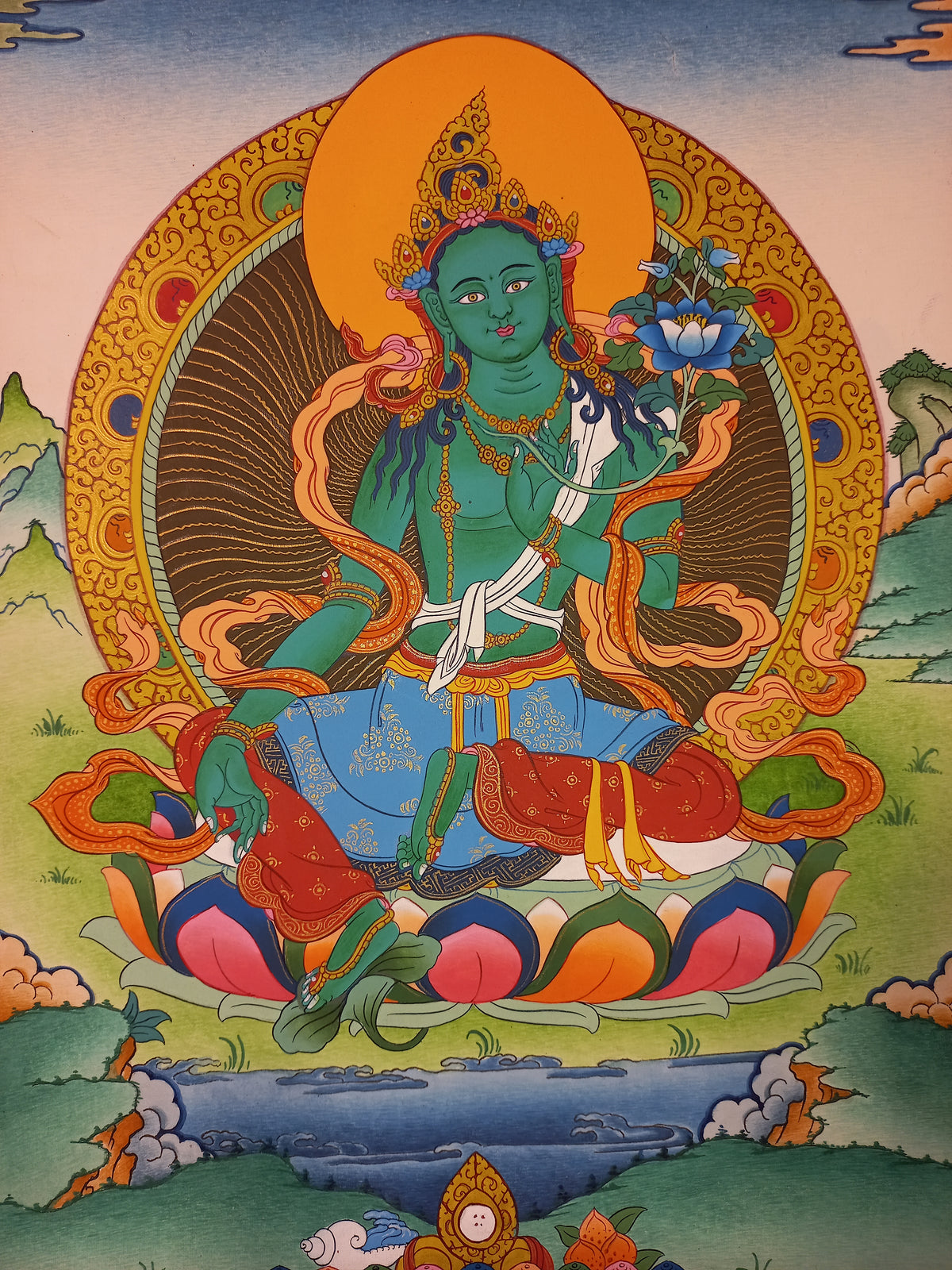Green Tara Thangka – Hand-Painted Tibetan Buddhist Art | Meditation & Protection Wall Decor
