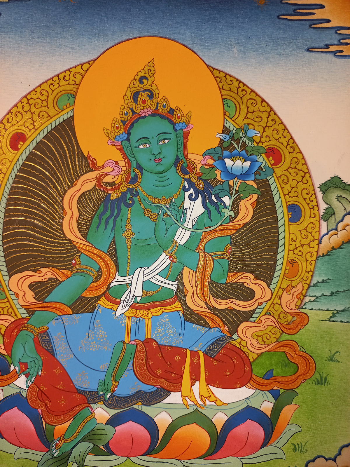 Green Tara Thangka – Hand-Painted Tibetan Buddhist Art | Meditation & Protection Wall Decor