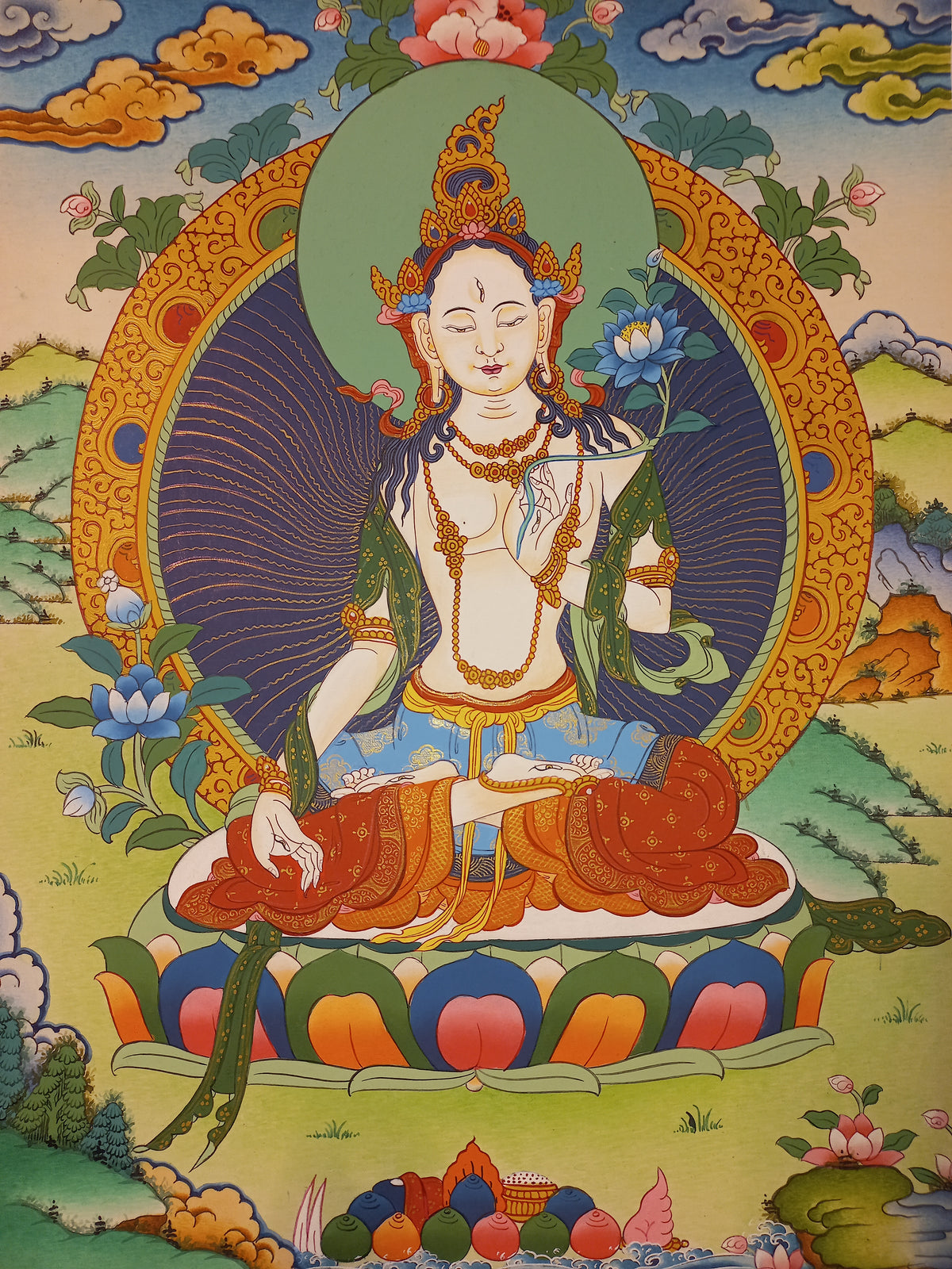 White Tara Thangka – Hand-Painted Tibetan Buddhist Art | Compassion, Longevity & Peace Wall Decor