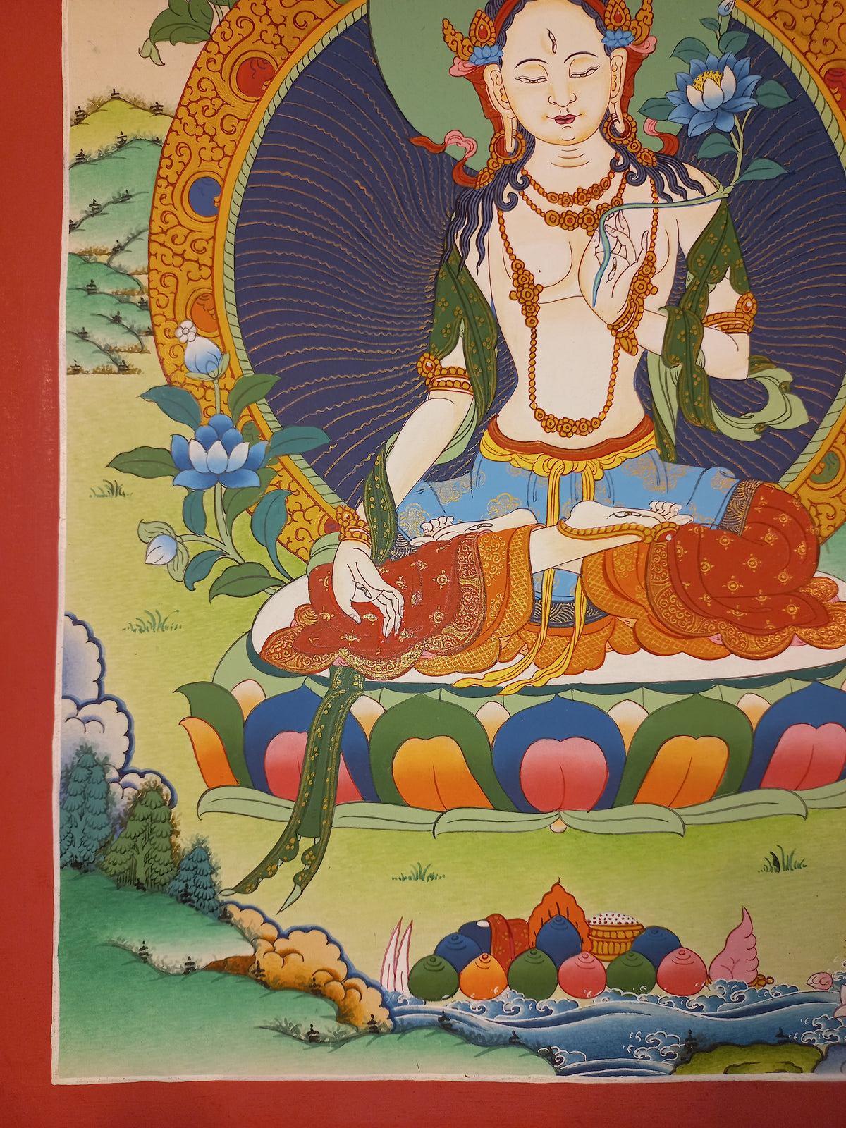 White Tara Thangka – Hand-Painted Tibetan Buddhist Art | Compassion, Longevity & Peace Wall Decor