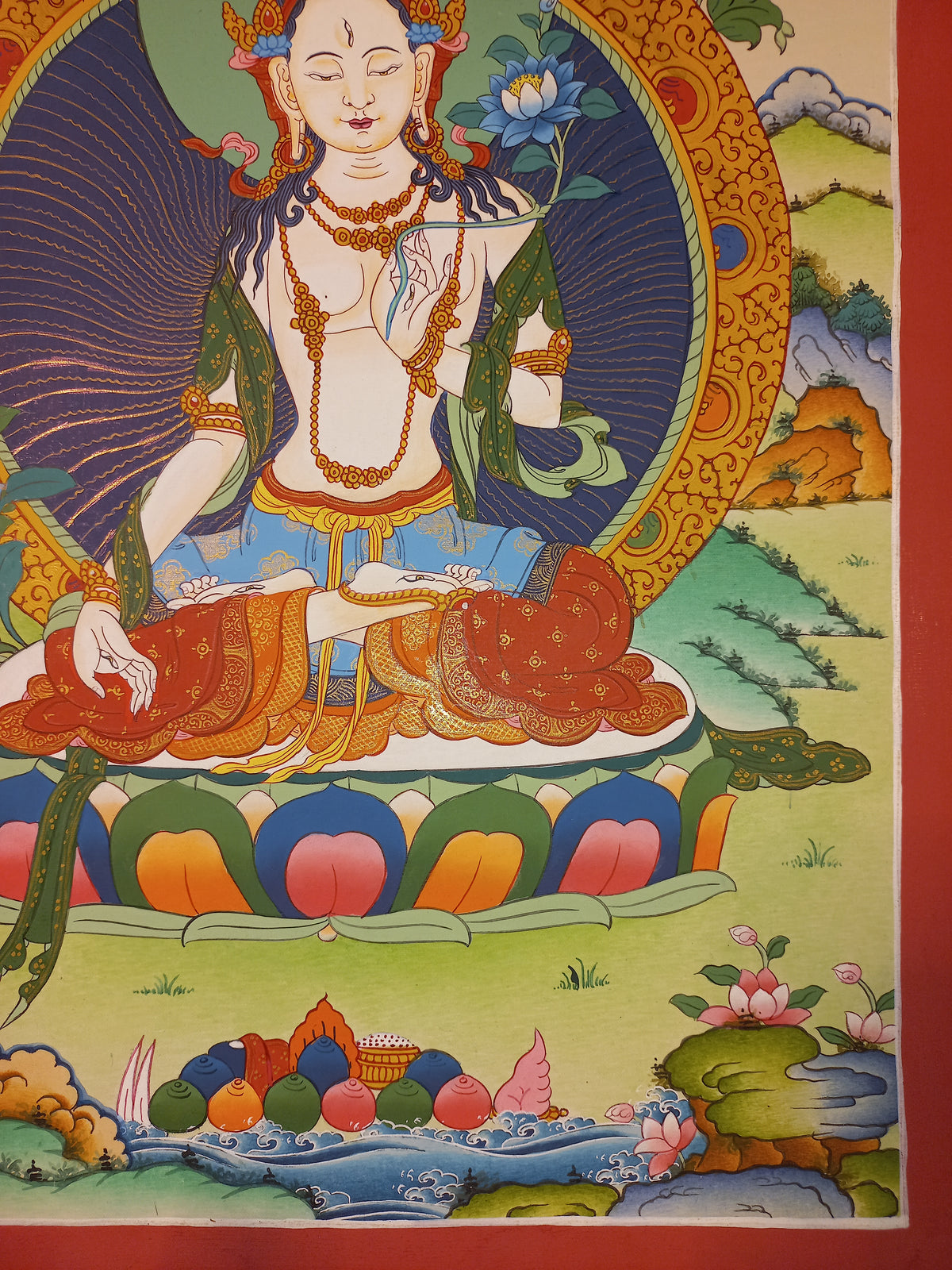 White Tara Thangka – Hand-Painted Tibetan Buddhist Art | Compassion, Longevity & Peace Wall Decor