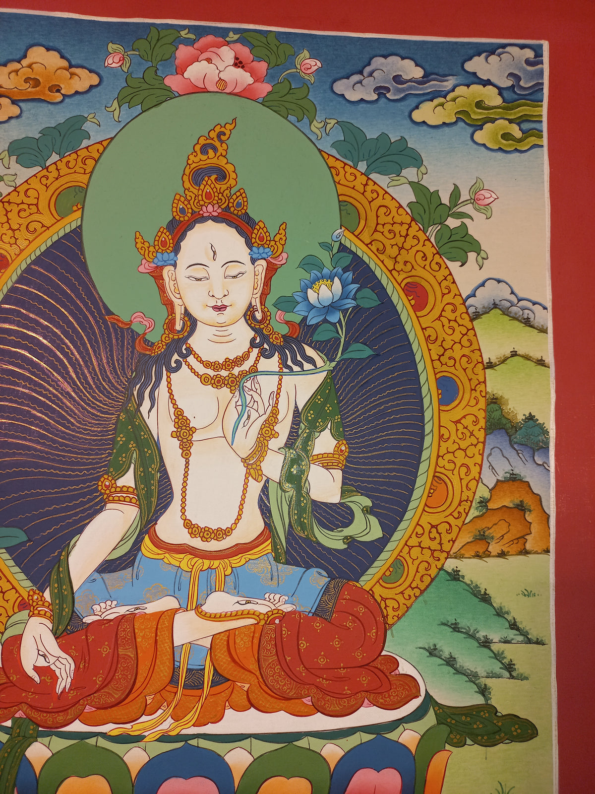 White Tara Thangka – Hand-Painted Tibetan Buddhist Art | Compassion, Longevity & Peace Wall Decor