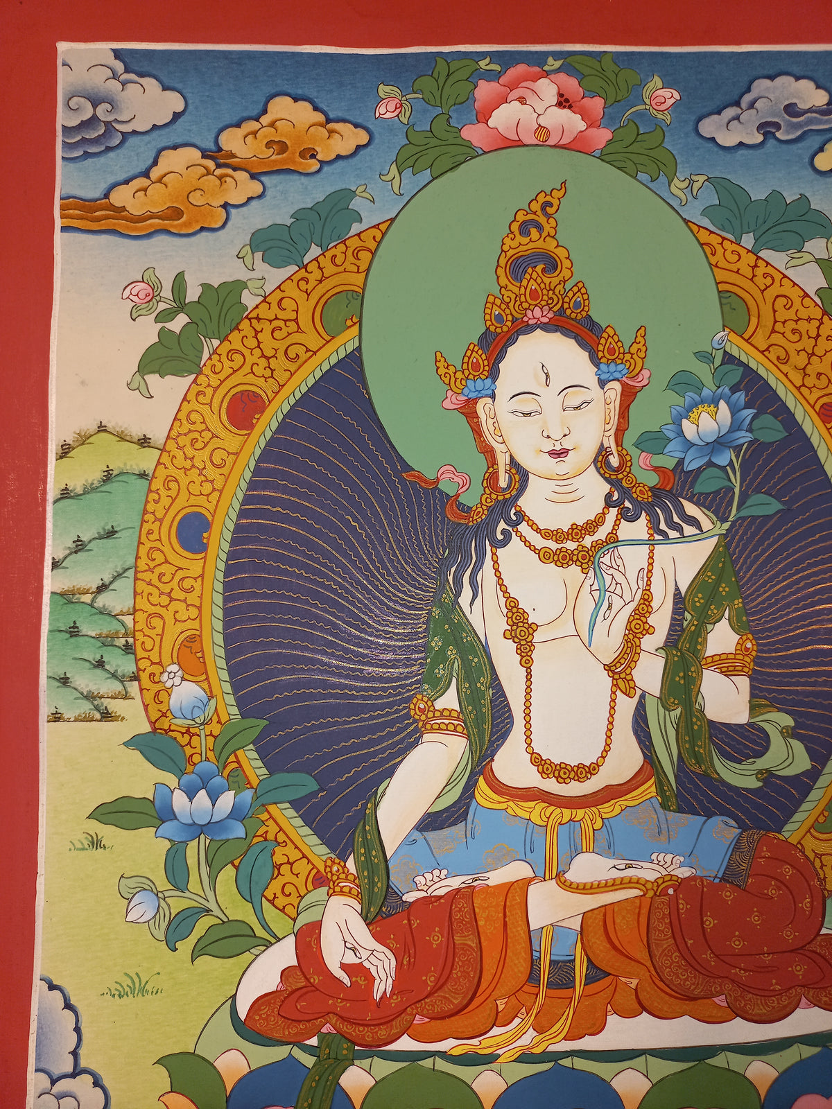 White Tara Thangka – Hand-Painted Tibetan Buddhist Art | Compassion, Longevity & Peace Wall Decor
