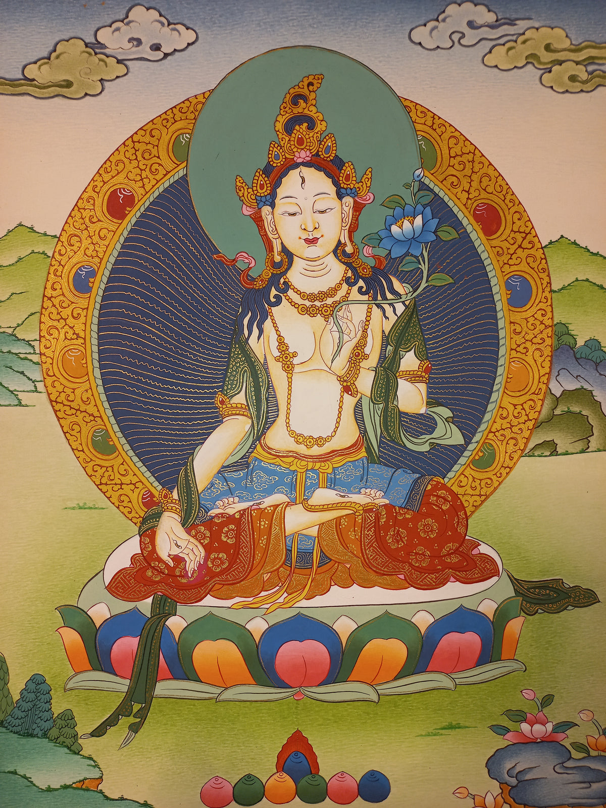 White Tara Thangka – Hand-Painted Tibetan Buddhist Art | Compassion, Longevity & Peace Wall Decor