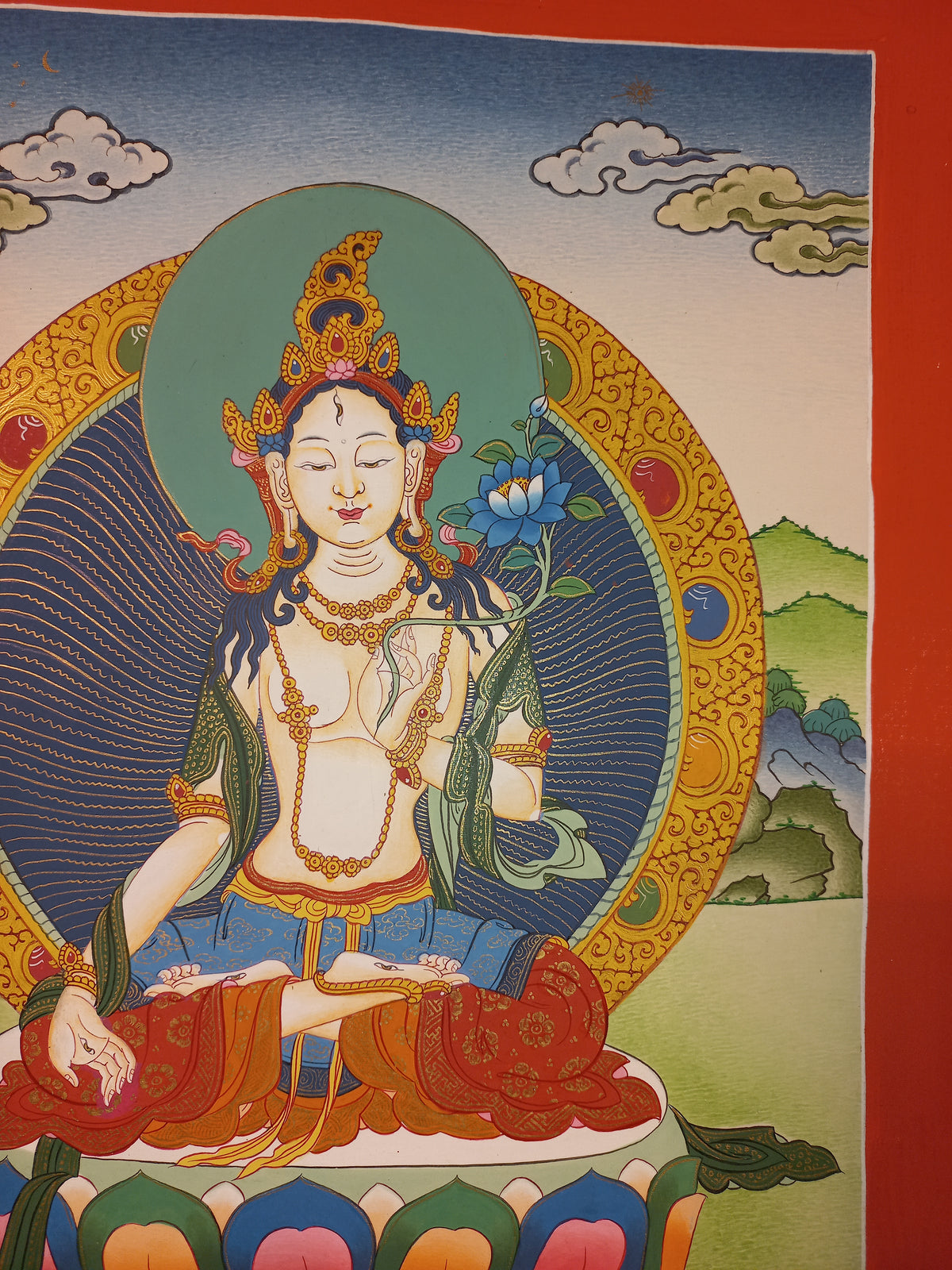 White Tara Thangka – Hand-Painted Tibetan Buddhist Art | Compassion, Longevity & Peace Wall Decor