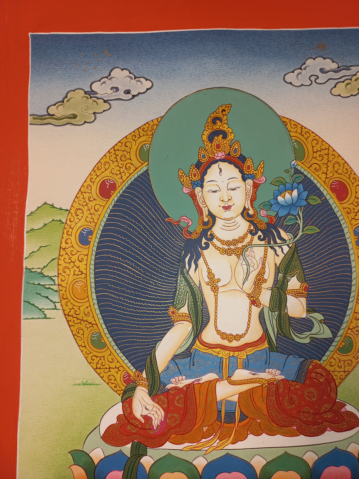White Tara Thangka – Hand-Painted Tibetan Buddhist Art | Compassion, Longevity & Peace Wall Decor