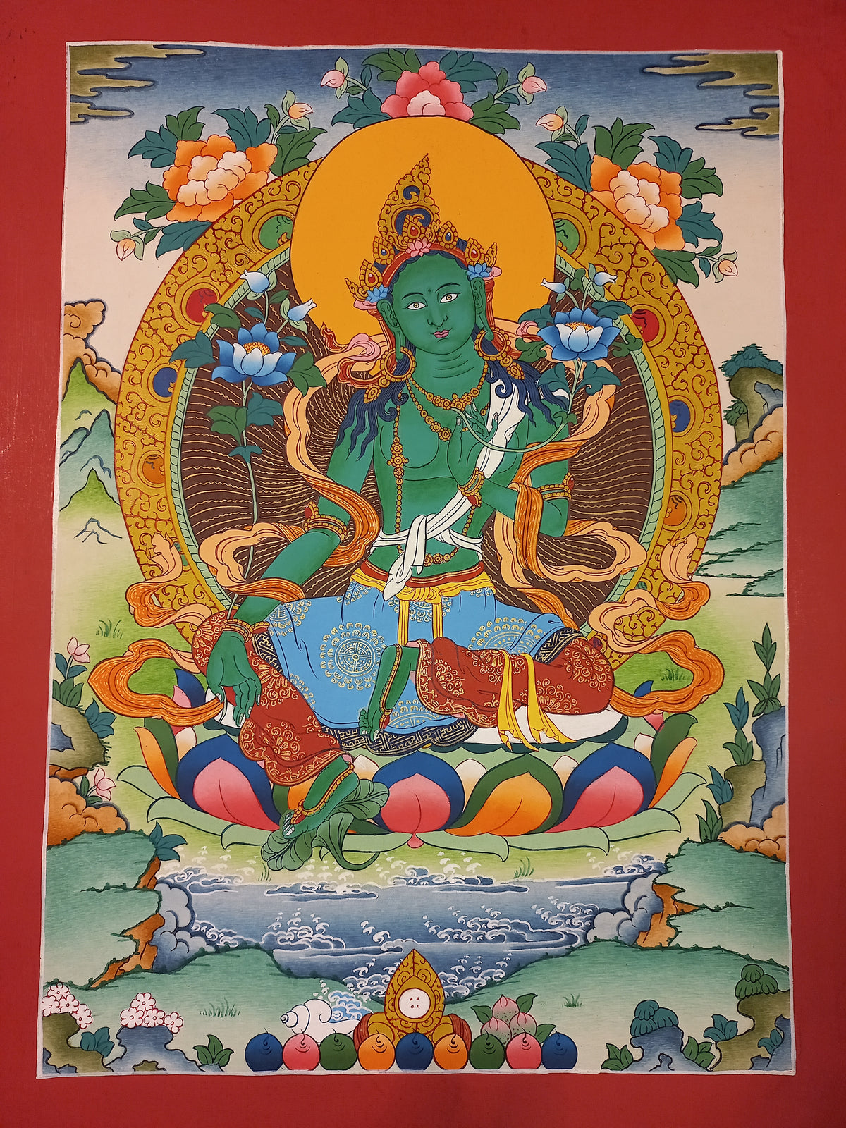 Green Tara Thangka – Hand-Painted Tibetan Buddhist Art | Meditation & Protection Wall Decor
