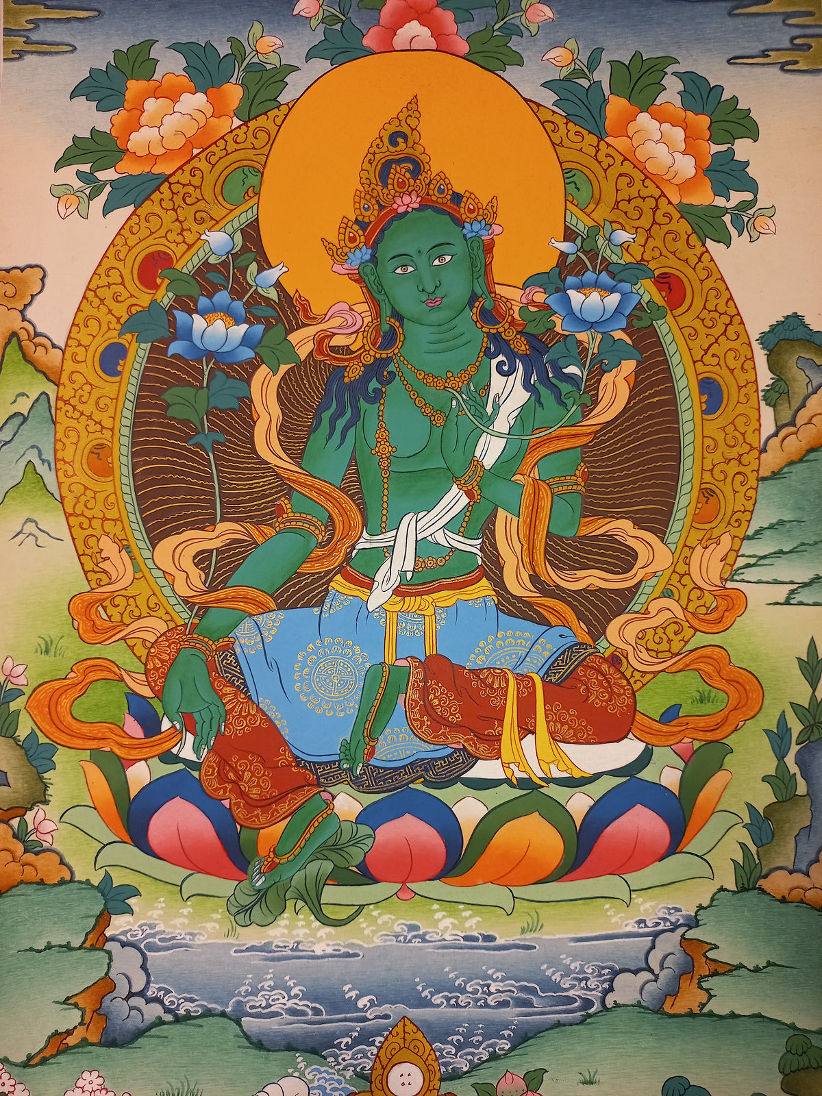 Green Tara Thangka – Hand-Painted Tibetan Buddhist Art | Meditation & Protection Wall Decor