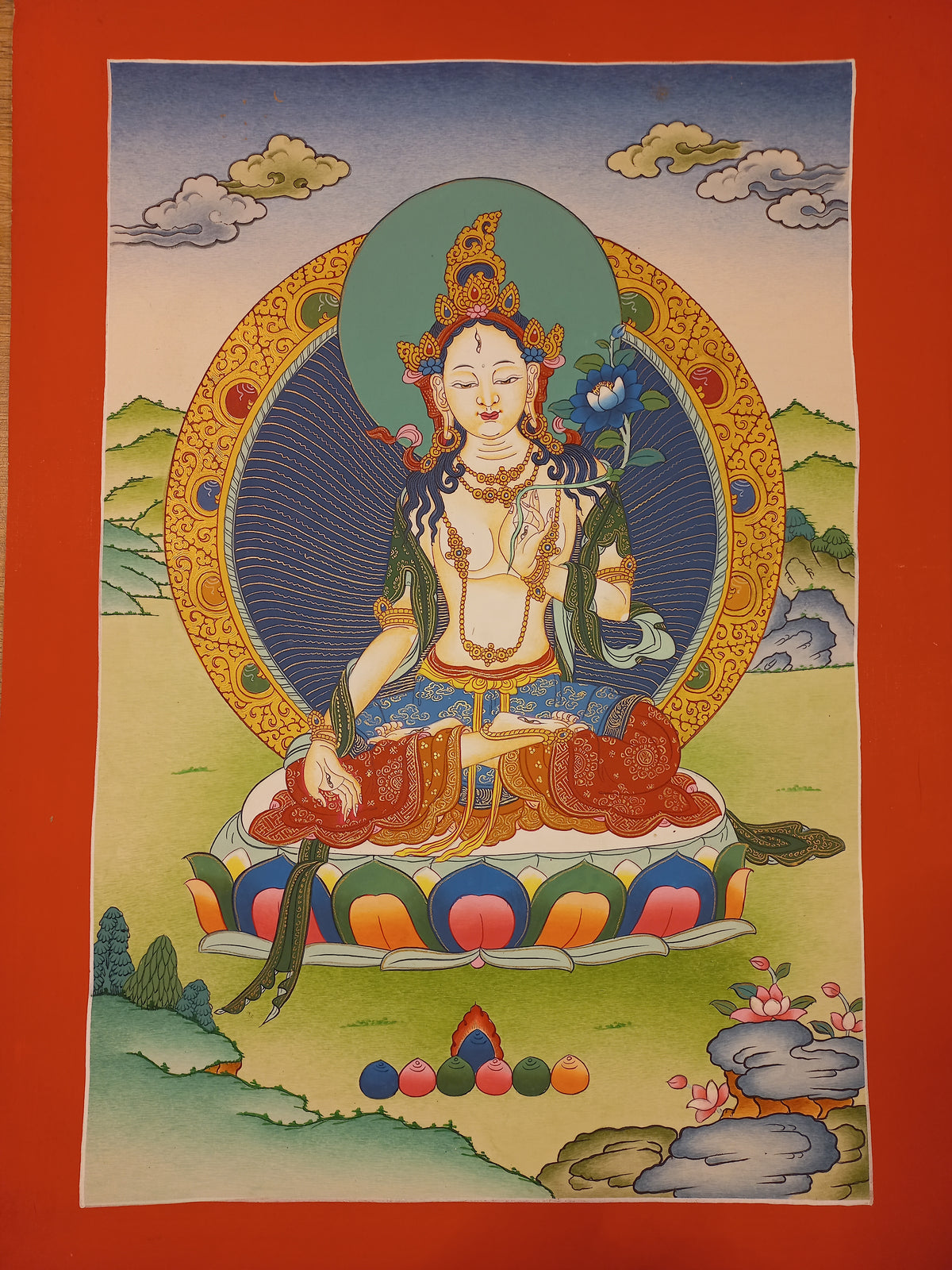 White Tara Thangka – Hand-Painted Tibetan Buddhist Art | Compassion, Longevity & Peace Wall Decor