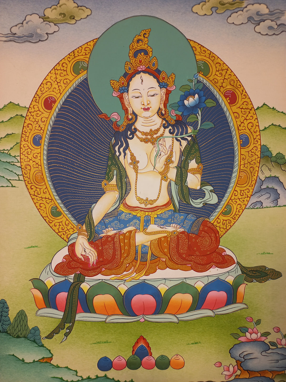 White Tara Thangka – Hand-Painted Tibetan Buddhist Art | Compassion, Longevity & Peace Wall Decor