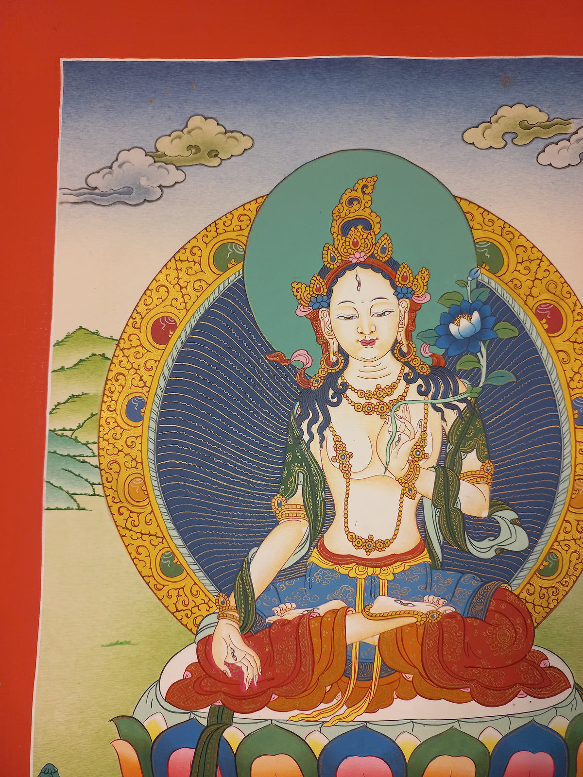 White Tara Thangka – Hand-Painted Tibetan Buddhist Art | Compassion, Longevity & Peace Wall Decor