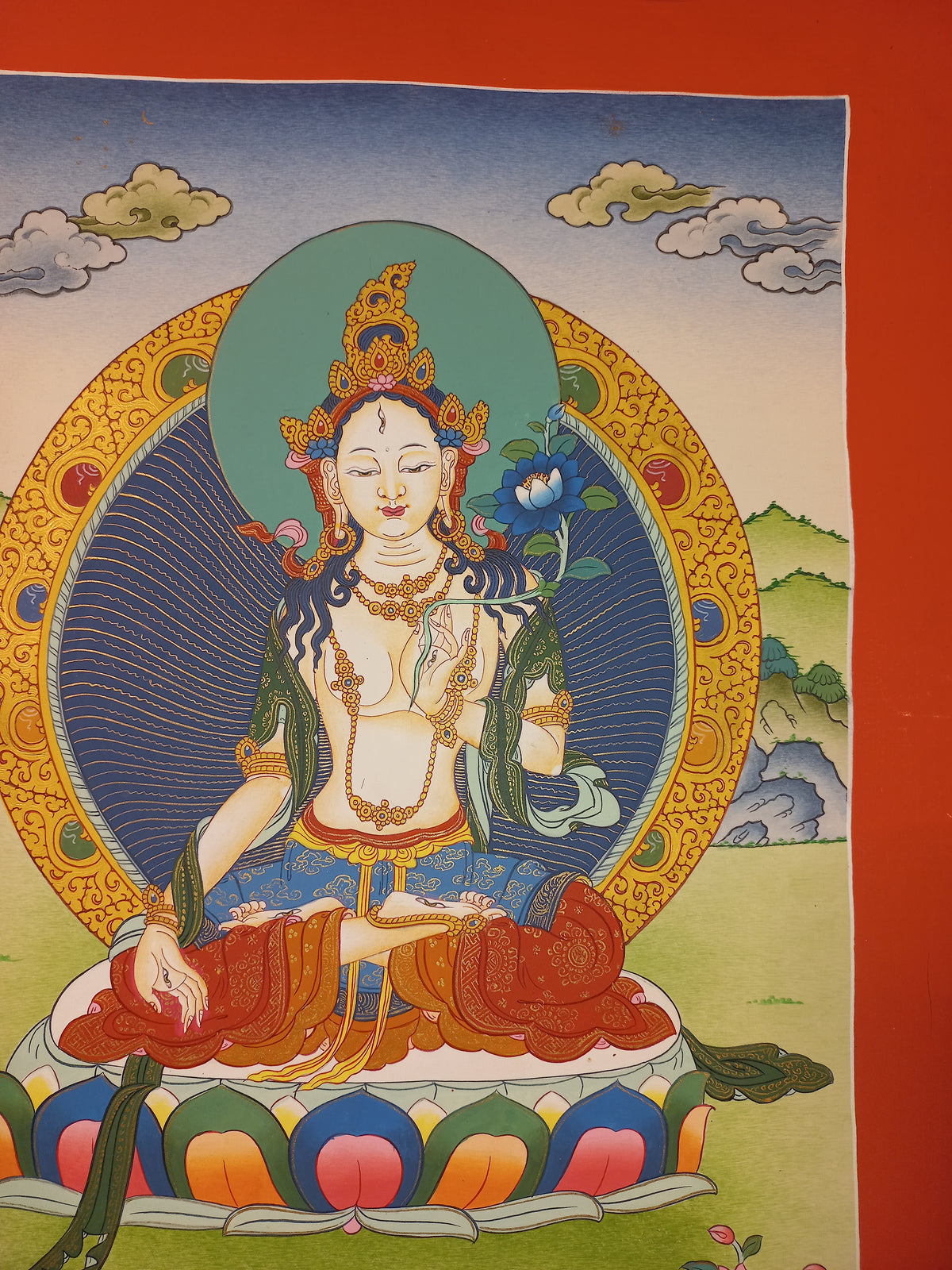 White Tara Thangka – Hand-Painted Tibetan Buddhist Art | Compassion, Longevity & Peace Wall Decor