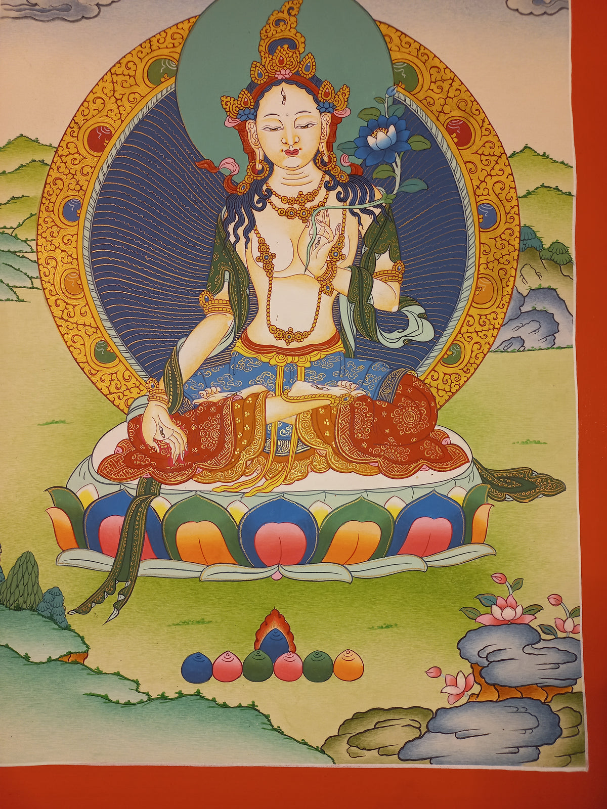 White Tara Thangka – Hand-Painted Tibetan Buddhist Art | Compassion, Longevity & Peace Wall Decor