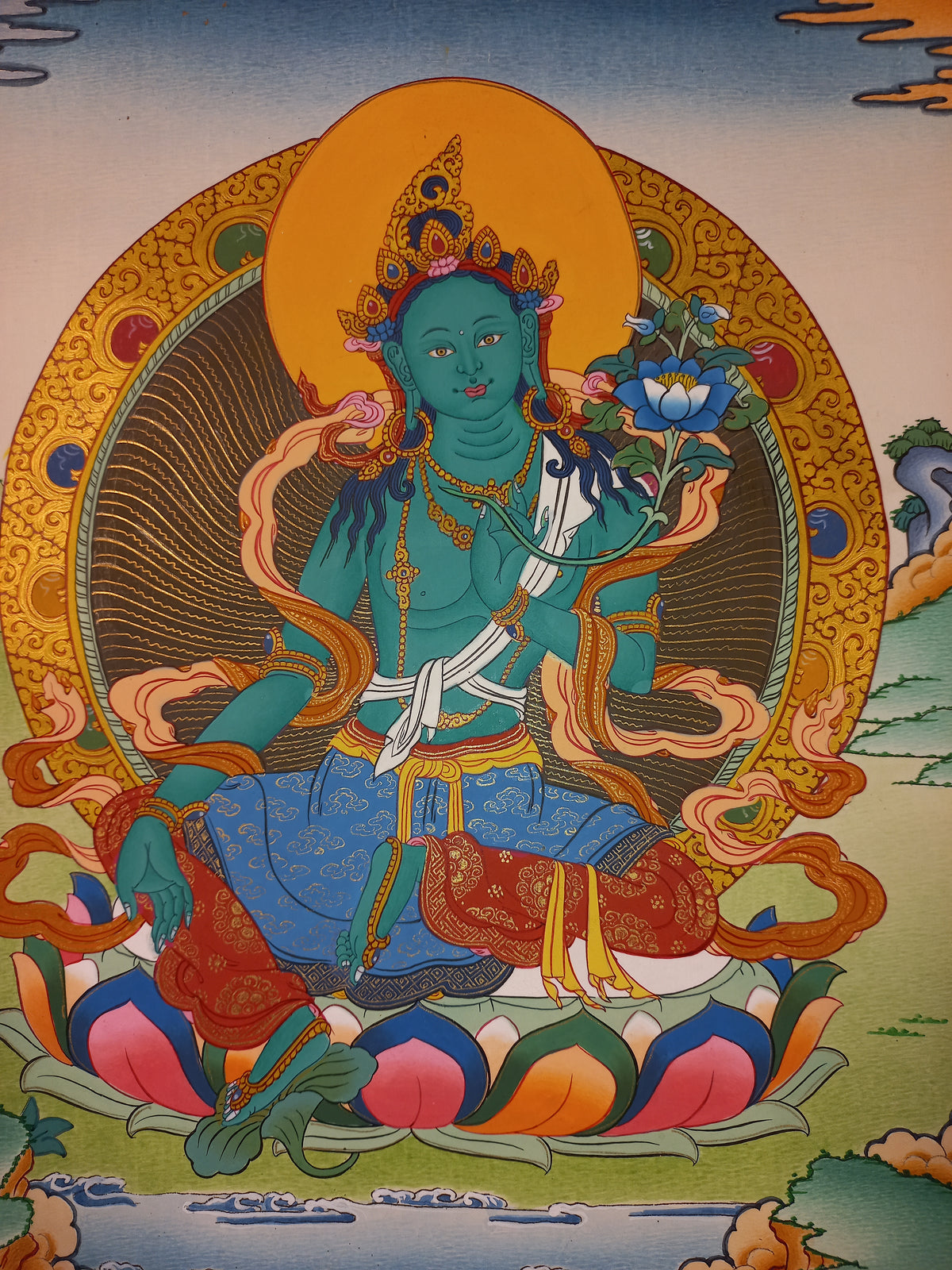 Green Tara Thangka – Hand-Painted Tibetan Buddhist Art | Meditation & Protection Wall Decor