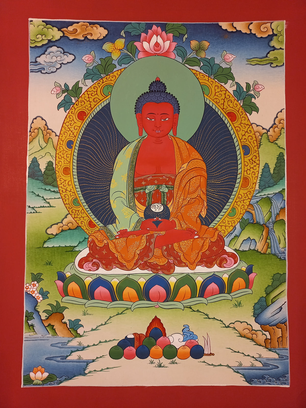 Amitabha Buddha Thangka Hand-Painted Tibetan Buddhist Art | Compassion, Pure Land & Meditation Wall Decor