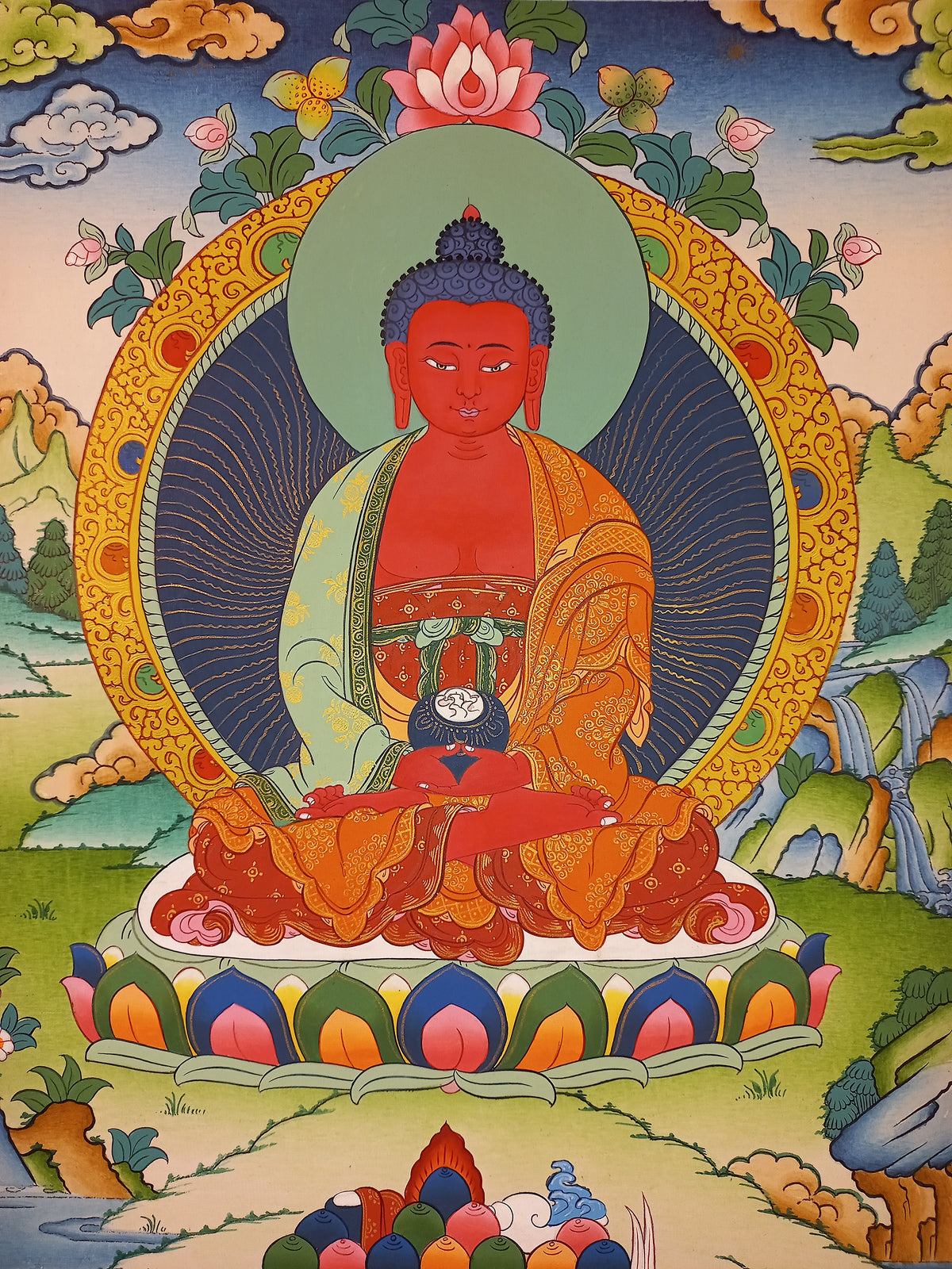 Amitabha Buddha Thangka Hand-Painted Tibetan Buddhist Art | Compassion, Pure Land & Meditation Wall Decor